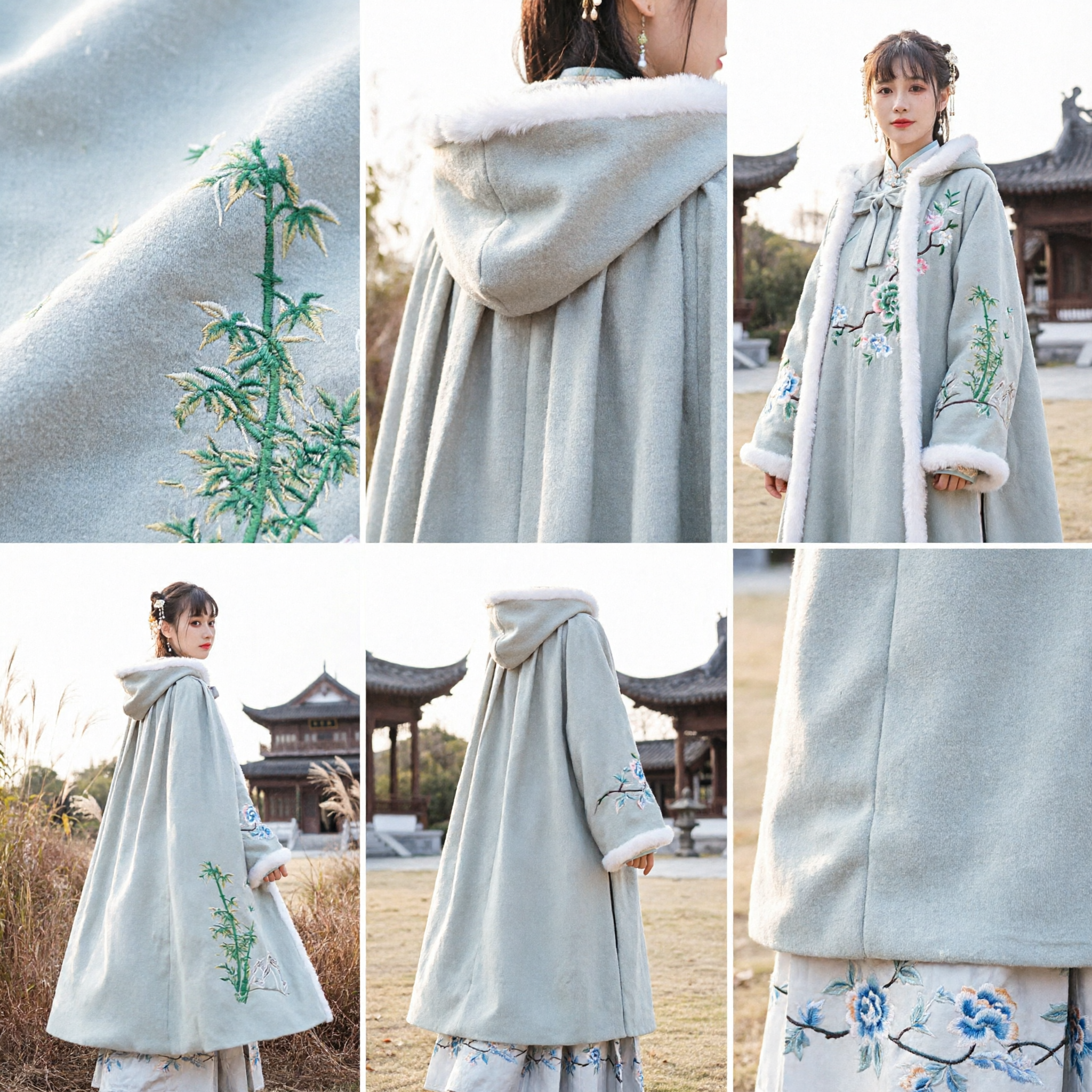 Traditional Chinese Hanfu Winter Cloak Women Grey Hooded Cape Bamboo Embroidery Ancient Costume Cosplay Outerwear - Asian Costume