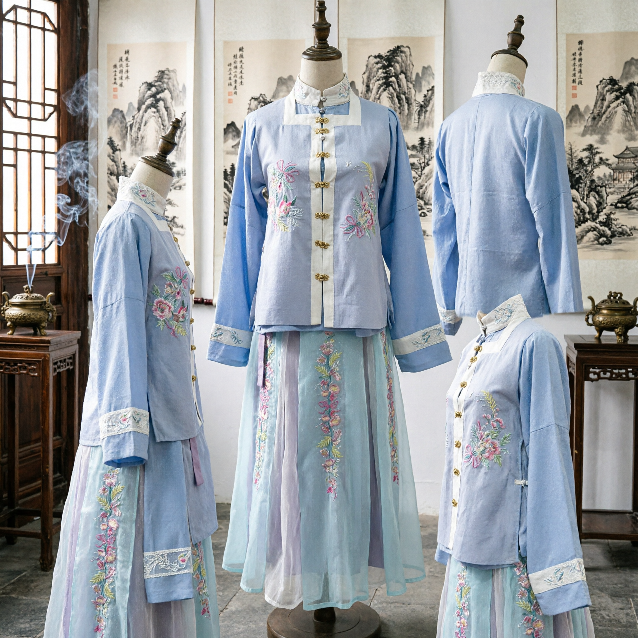 Traditional Chinese Hanfu Costume Light Blue Embroidered Jacket and Skirt Set for Women Ming Dynasty Style - Asian Costume