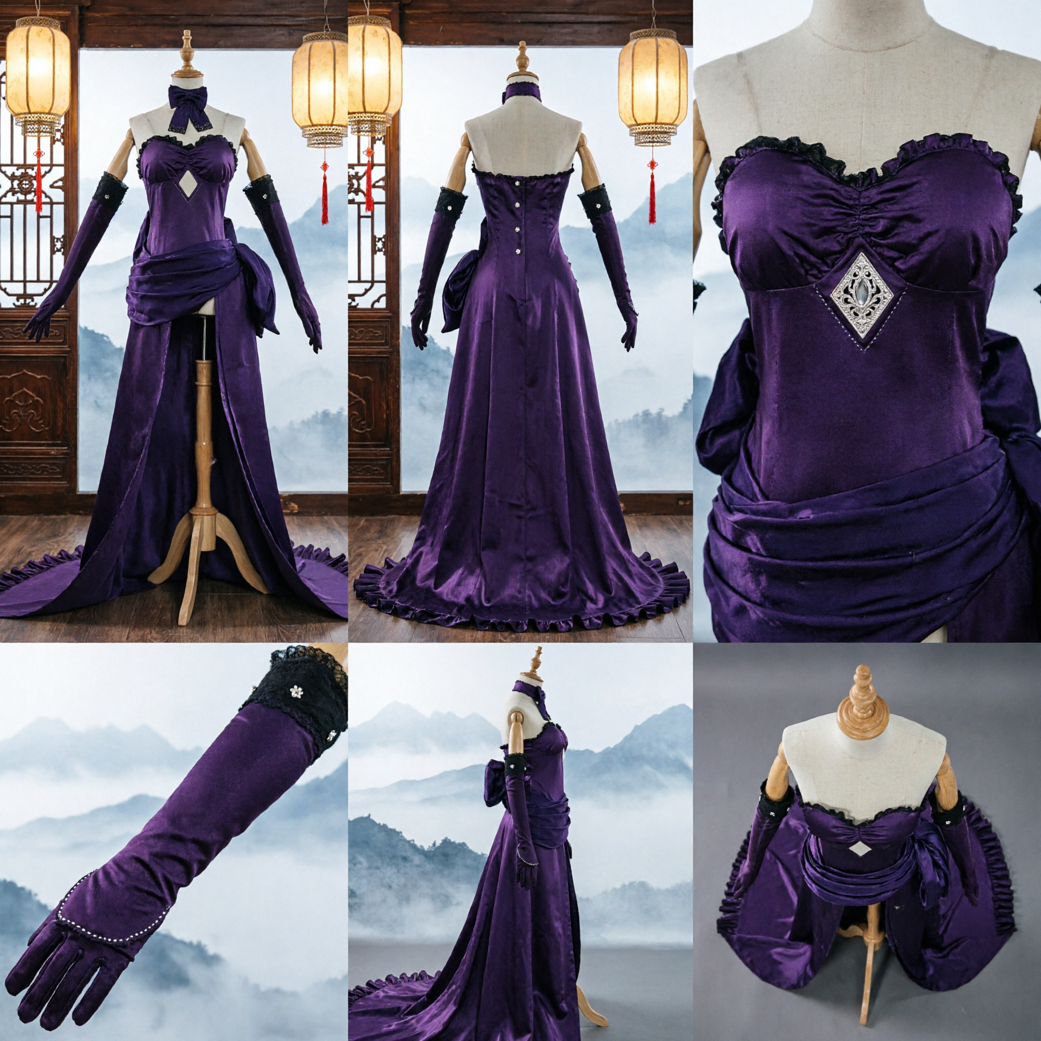 Elegant Purple Evening Gown Cosplay Costume Women's Victorian Ball Dress with Gloves for Halloween Party - Asian Costume