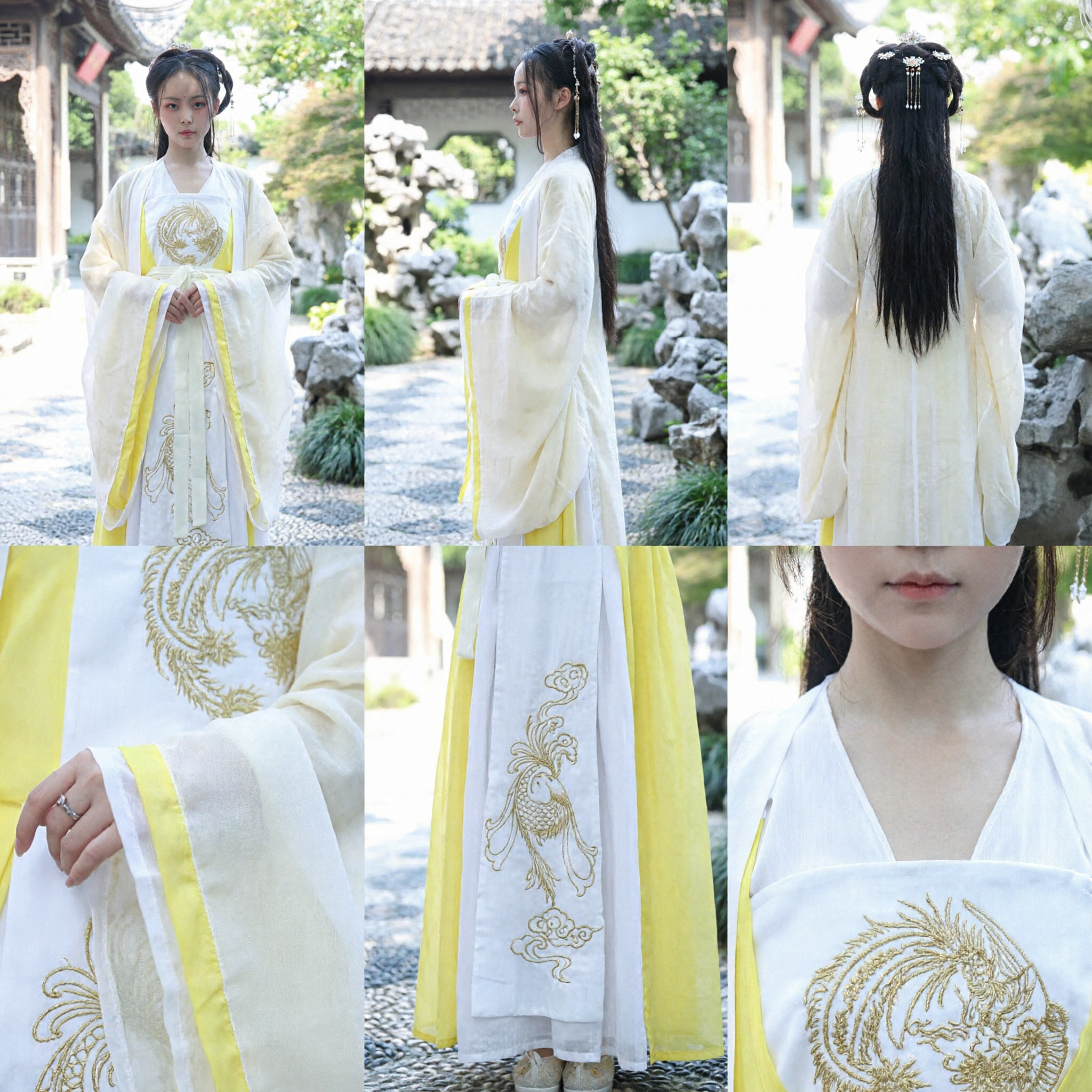 Traditional Chinese Hanfu for Girls White and Yellow Tang Dynasty Princess Costume with Gold Phoenix Embroidery - Asian Costume