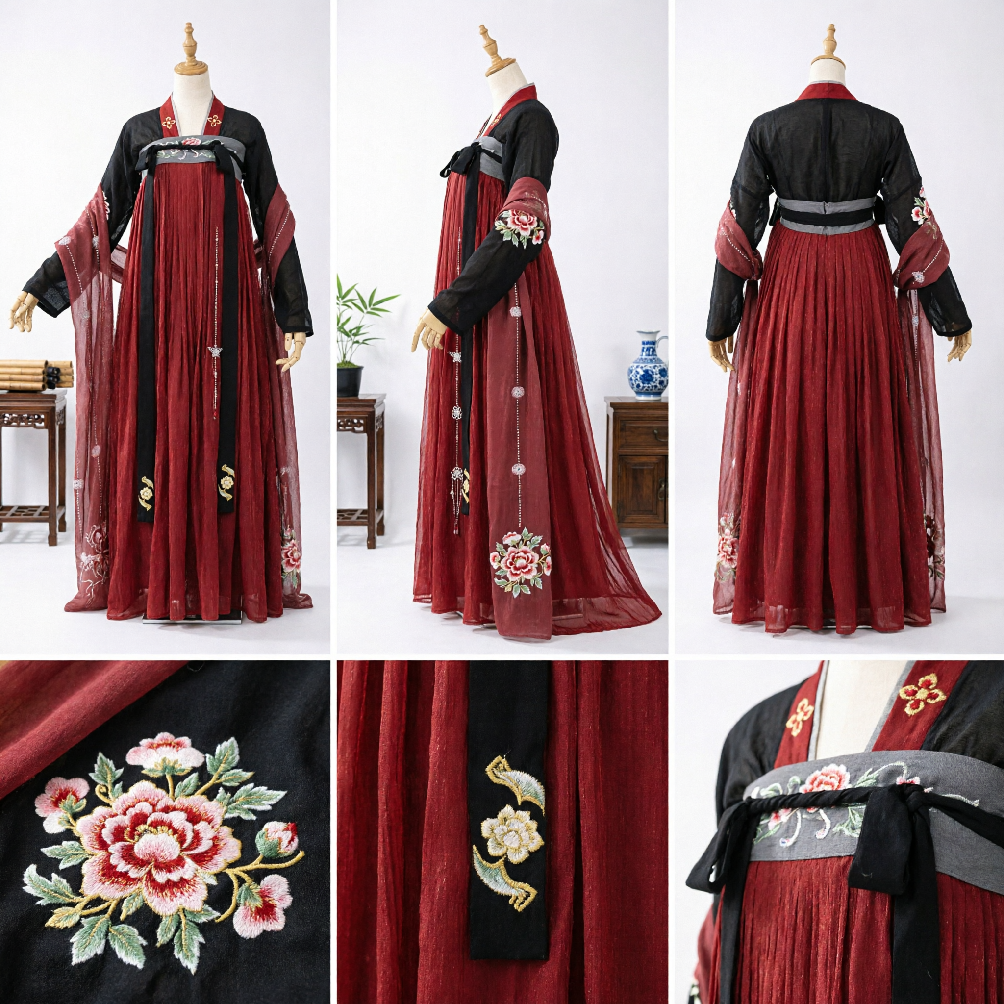 Traditional Chinese Hanfu Ancient Costume Tang Dynasty Style Red and Black Embroidered Long Dress for Women - Asian Costume