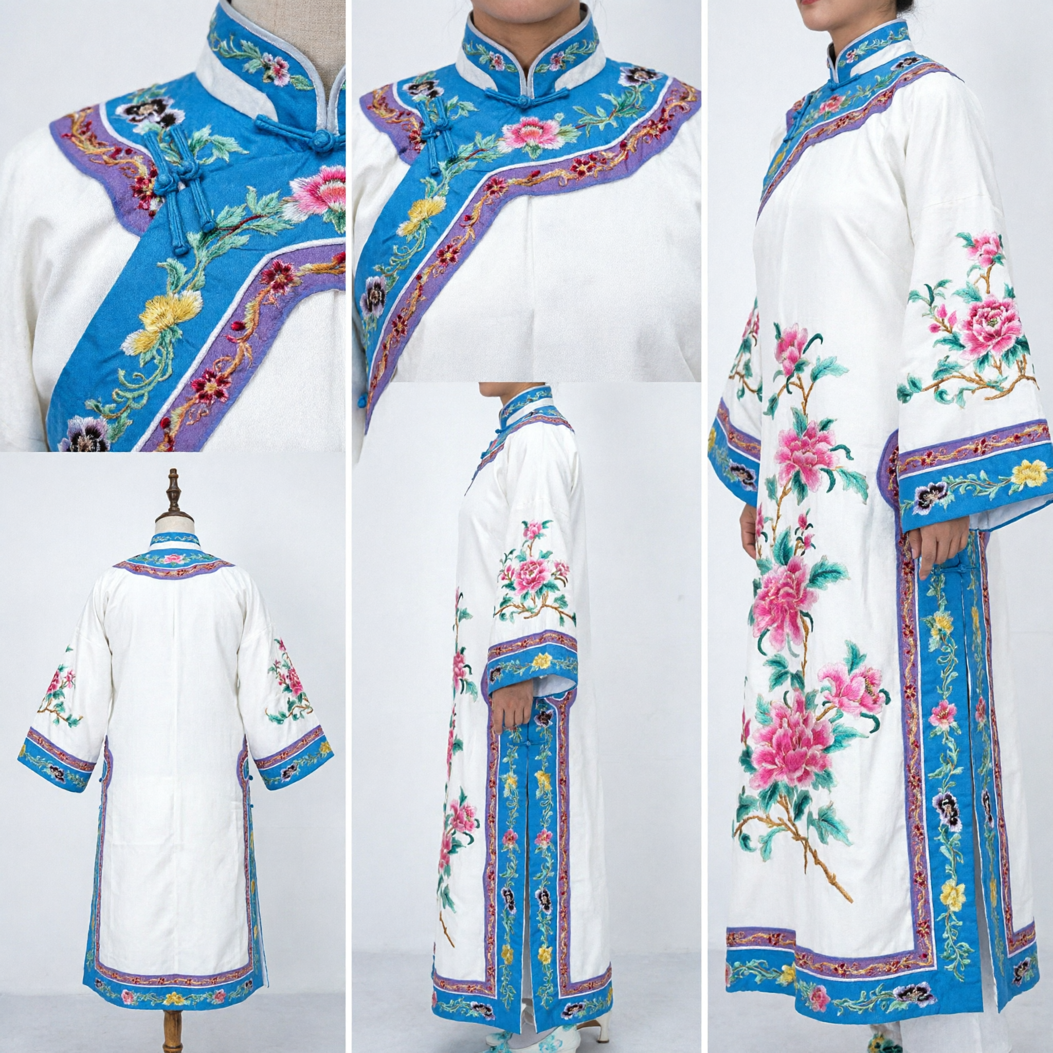 Traditional Chinese Peking Opera Costume White Embroidered Robe with Peony Flowers for Women Stage Performance - Asian Costume