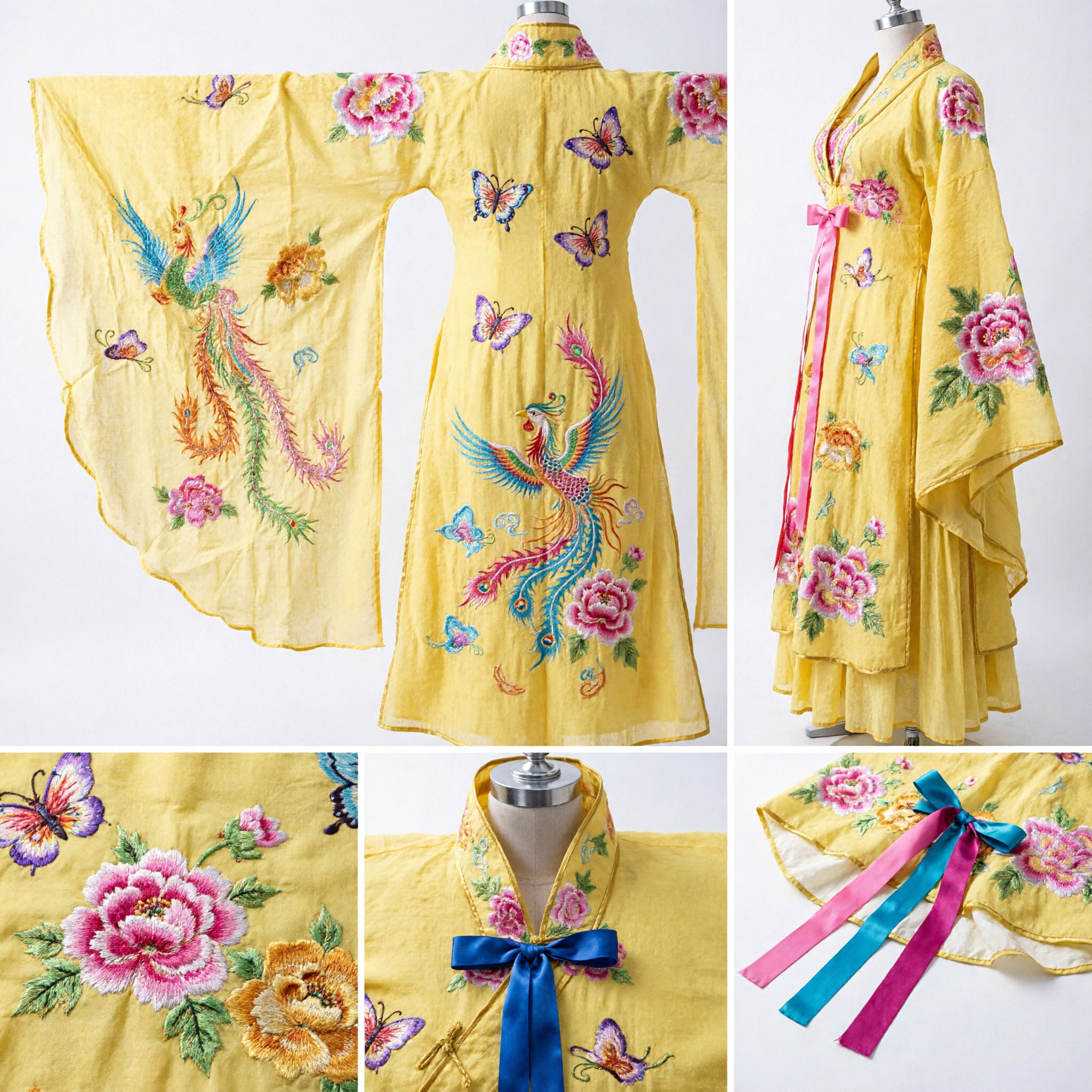 Women's Chinese Traditional Opera Costume Yellow Phoenix Embroidery Cape with Long Water Sleeves for Stage Dance - Asian Costume