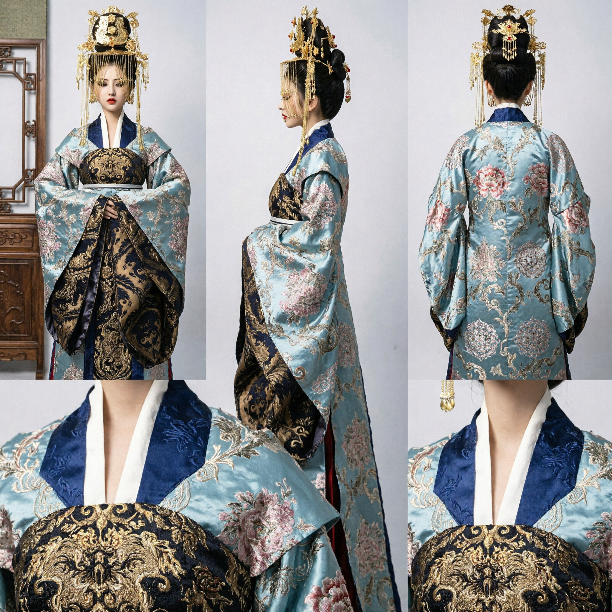 Traditional Chinese Hanfu Ancient Princess Costume Blue Embroidered Dress with Golden Headpiece for Women Wedding Cosplay - Asian Costume