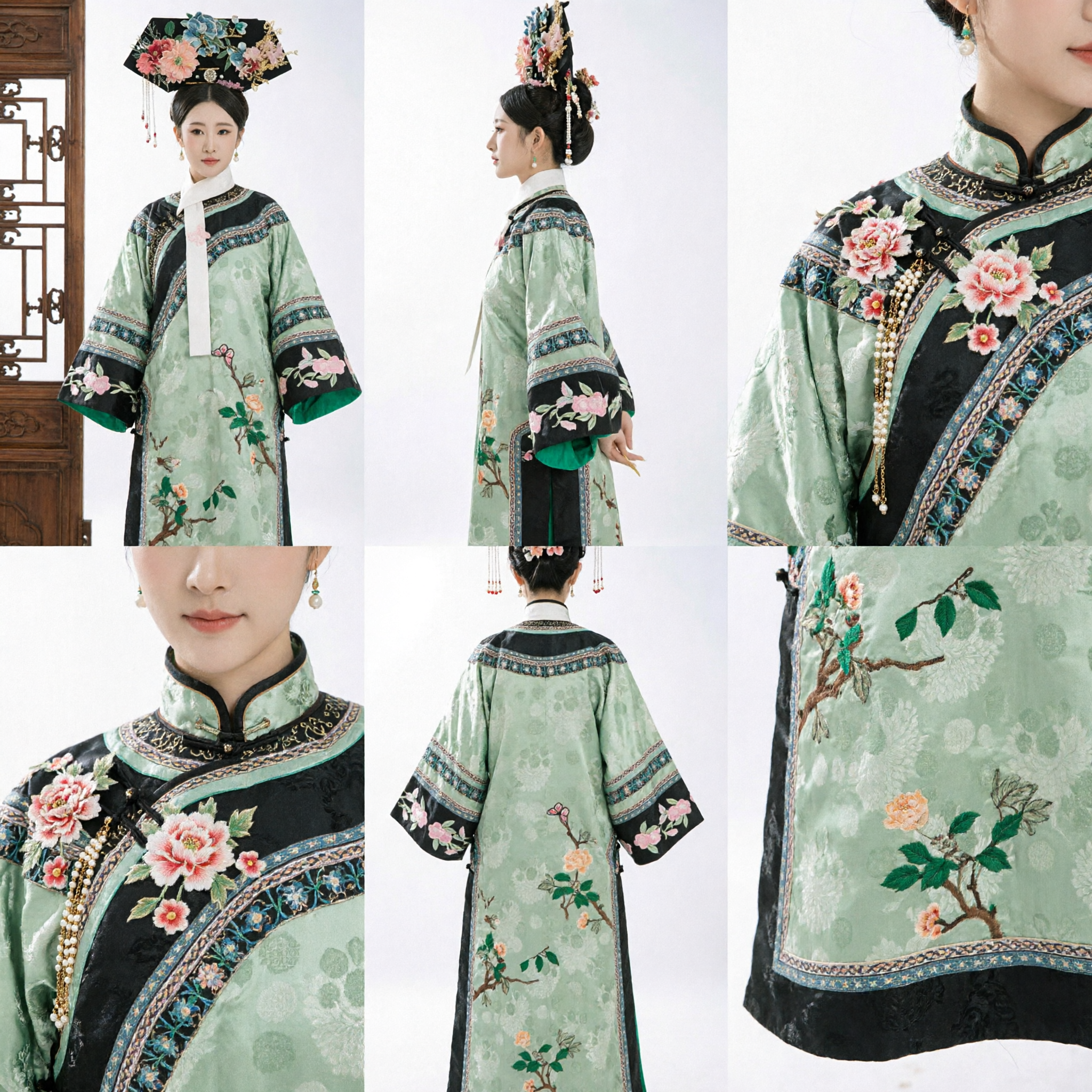 Traditional Chinese Qing Dynasty Manchu Princess Green Floral Embroidered Robe and Headdress Set Historical Cosplay Costume for Women - Asian Costume