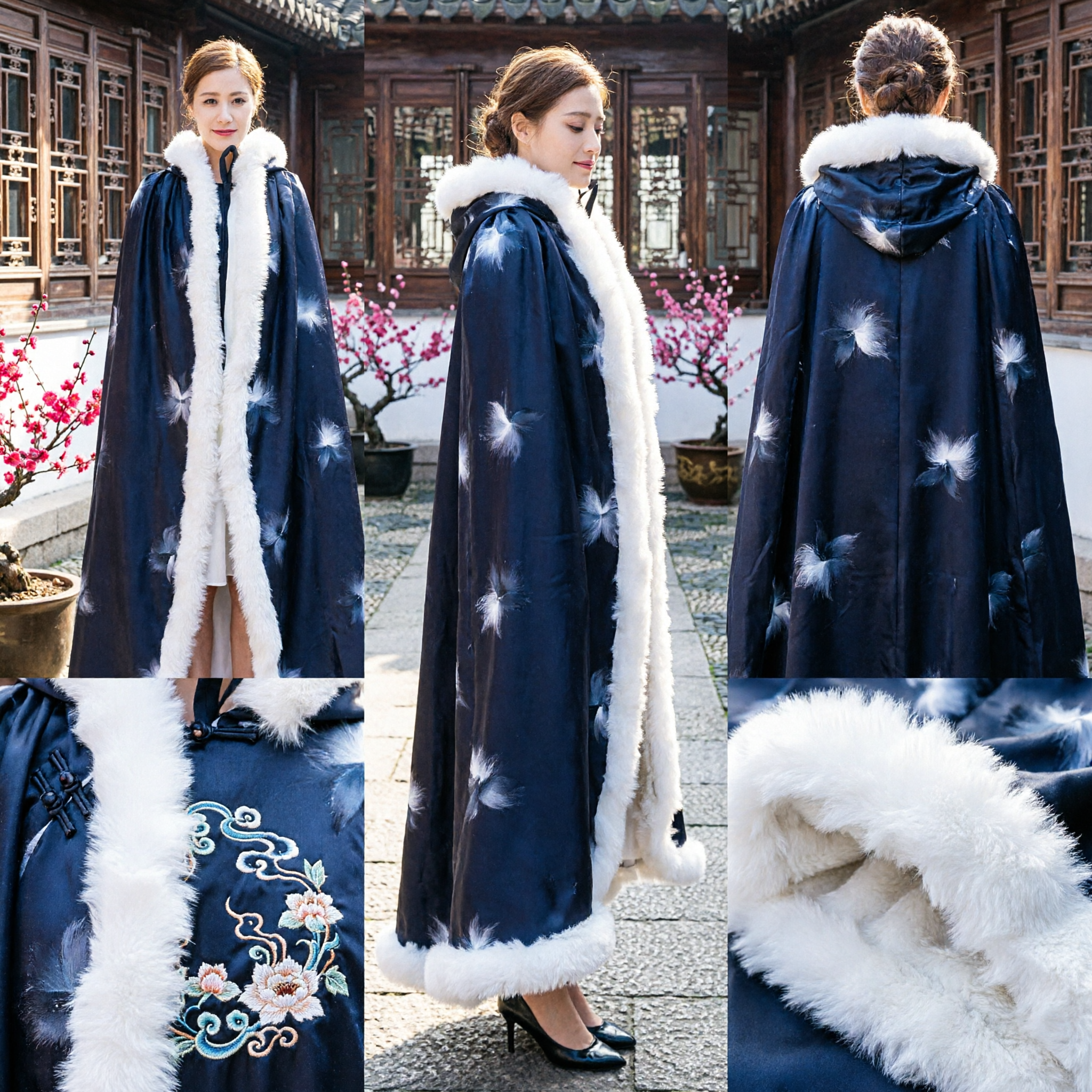 Women's Traditional Chinese Black Cloak Cape with White Fur Trim and Feather Pattern Hanfu Winter Outerwear for Cosplay - Asian Costume
