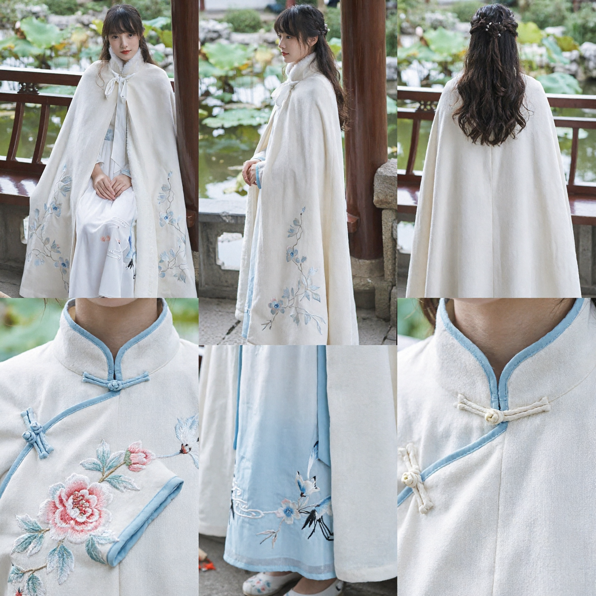 Traditional Chinese Hanfu Winter Cloak White Fur Collar Cape with Crane Embroidery for Women - Asian Costume