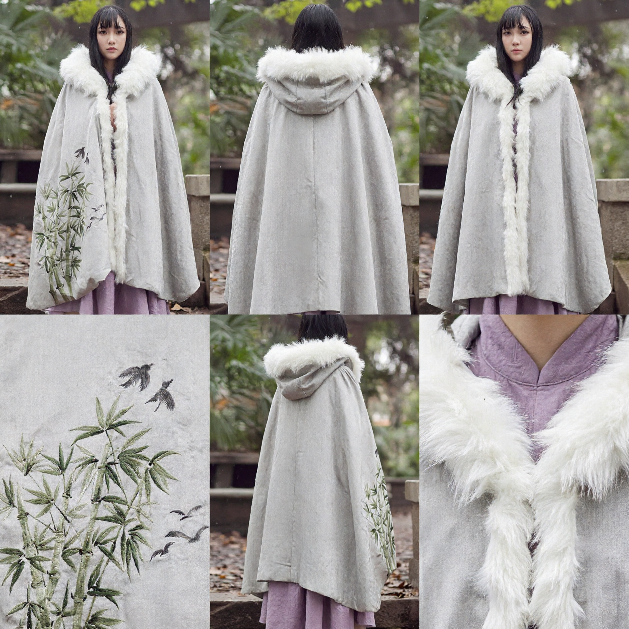 Traditional Chinese Hanfu White Fur Cloak Cape with Bamboo Ink Wash Painting Winter Costume for Women - Asian Costume