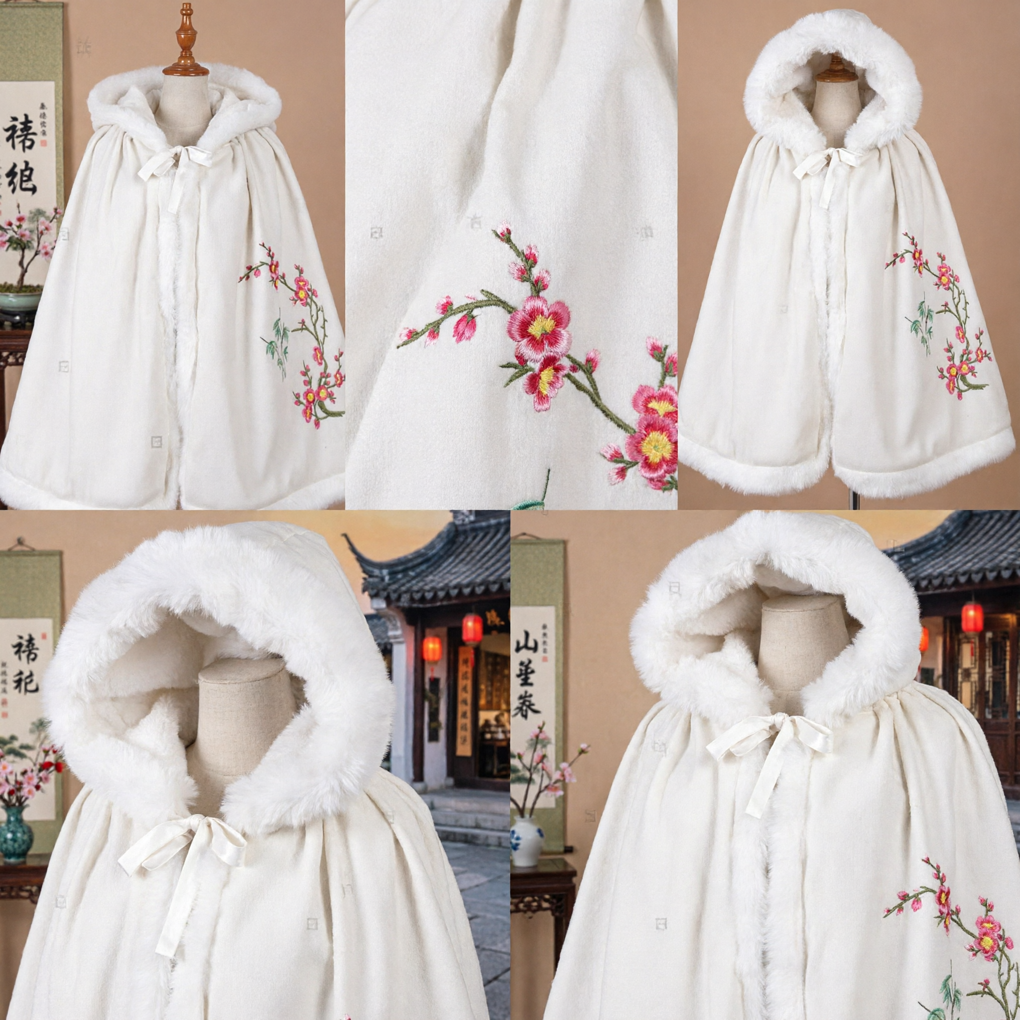 Traditional Chinese White Fur Hooded Cloak with Plum Blossom Embroidery Hanfu Winter Cape for Women - Asian Costume