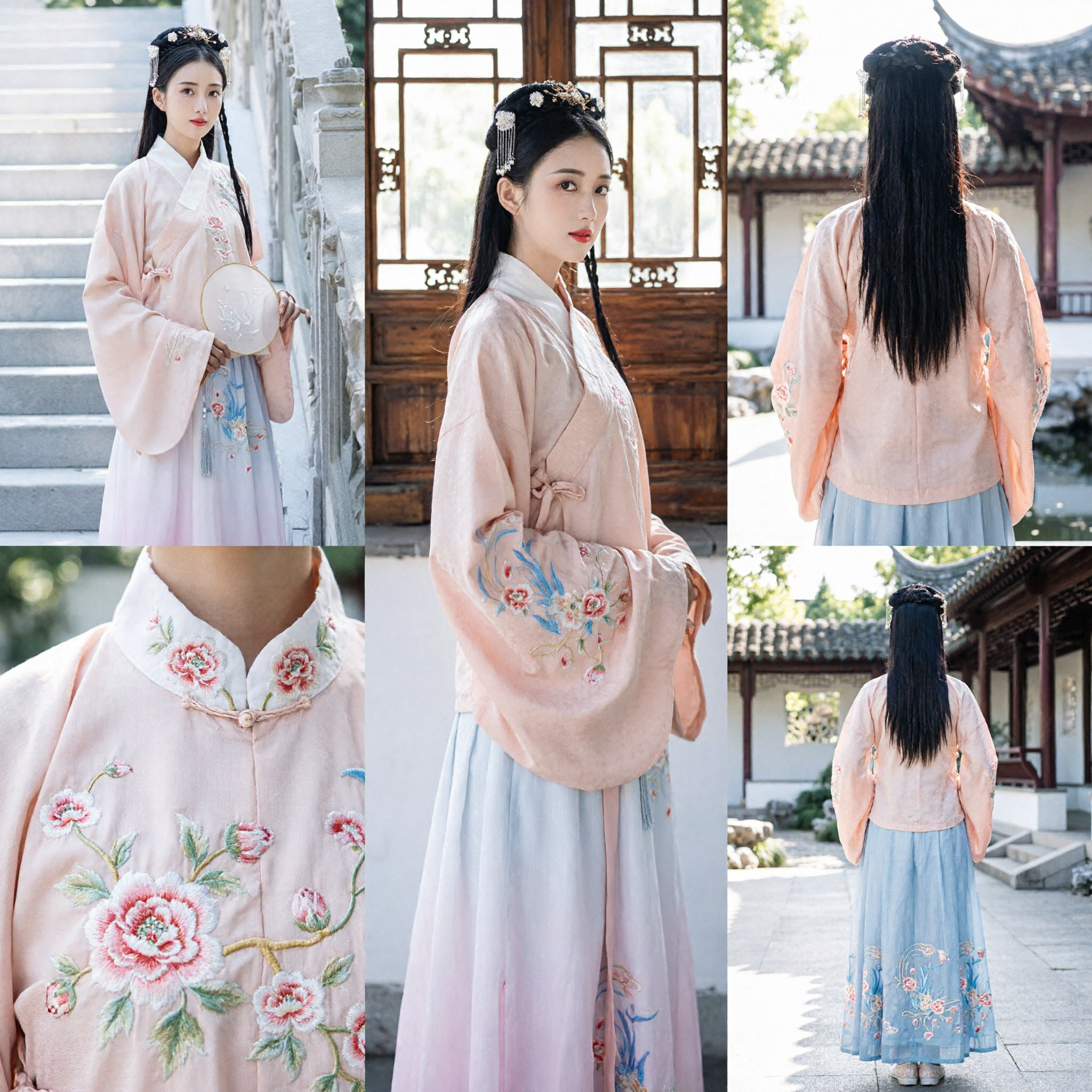 Traditional Chinese Hanfu Pink Floral Embroidery Ancient Costume Set Elegant Dress for Women Cultural Performance - Asian Costume