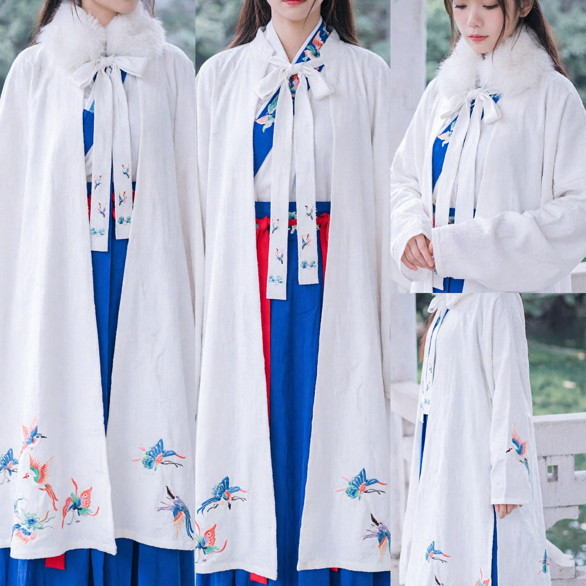 Traditional Chinese Hanfu Winter Cloak White Fur Collar Cape Butterfly Embroidery Ancient Costume for Women - Asian Costume