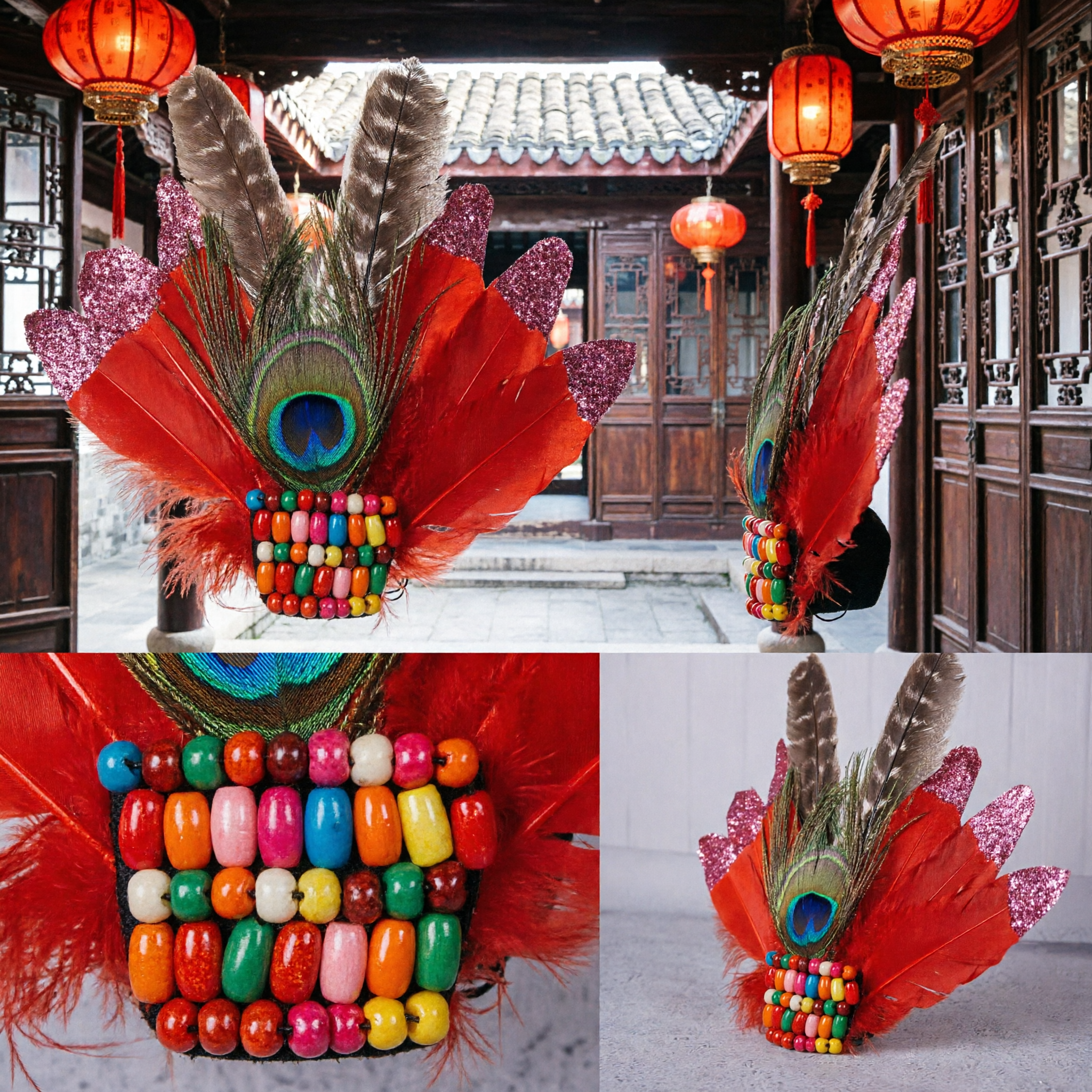 Vibrant Red Feather Carnival Headdress with Glitter Tips and Wooden Beads for Festival Dance Costumes - Asian Costume
