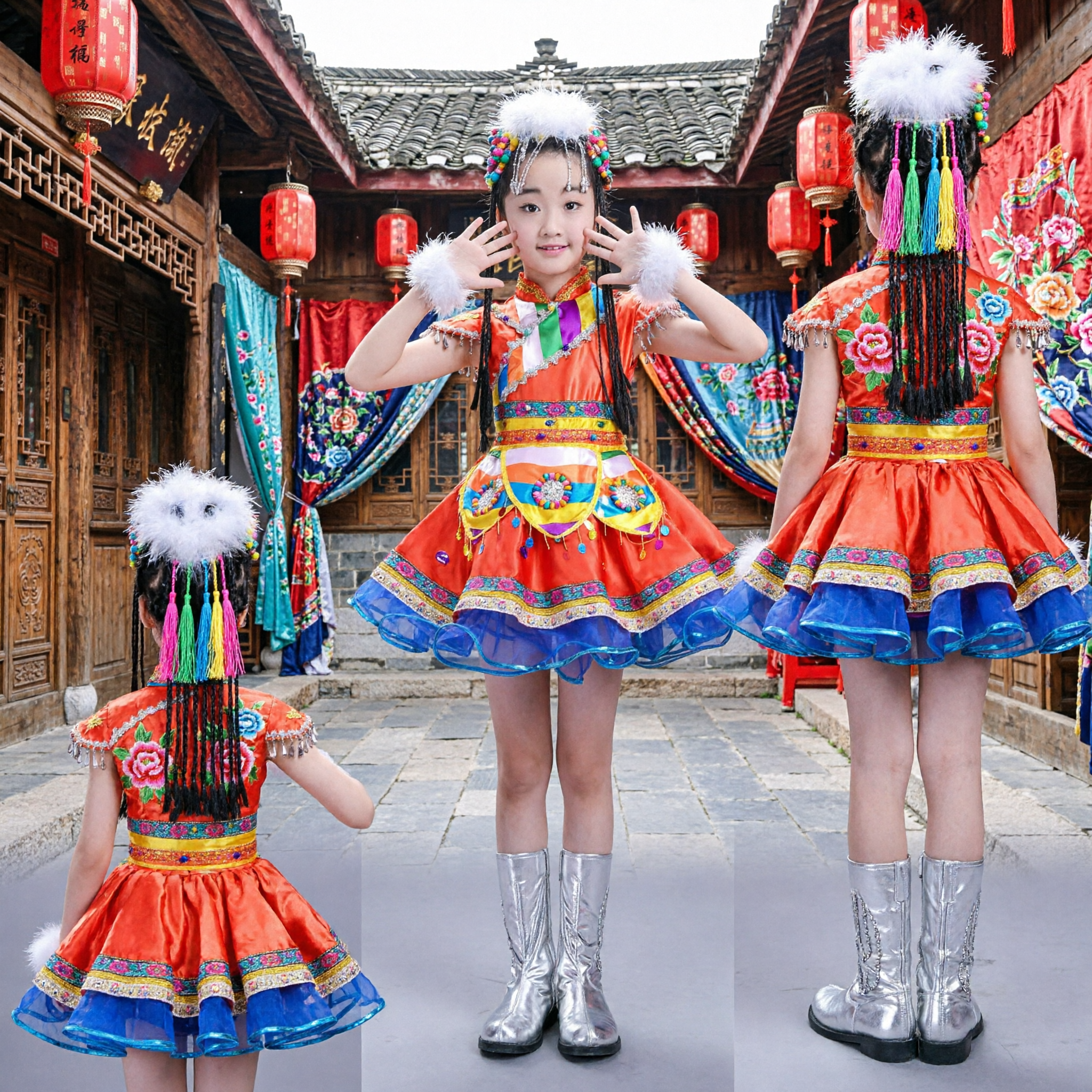 Traditional Children's Ethnic Folk Dance Costume Girls Stage Performance Dress with Headpiece for Cultural Shows - Asian Costume