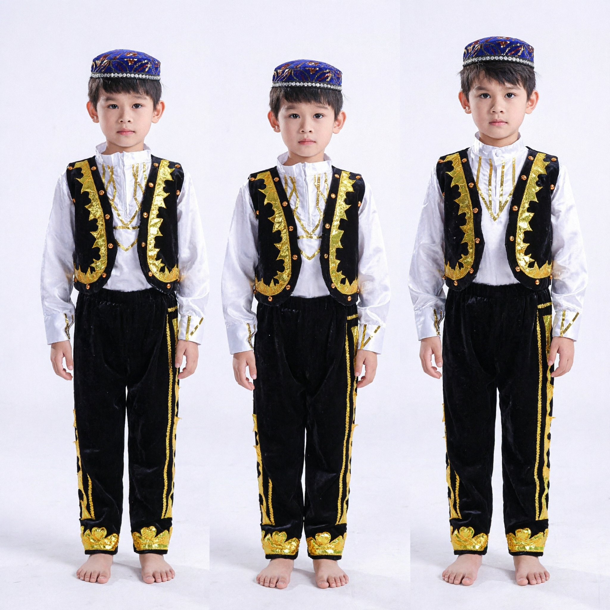Boys Traditional Uyghur National Costume Set Black Velvet Embroidered Vest and Pants with Cap for Folk Dance Performance - Asian Costume
