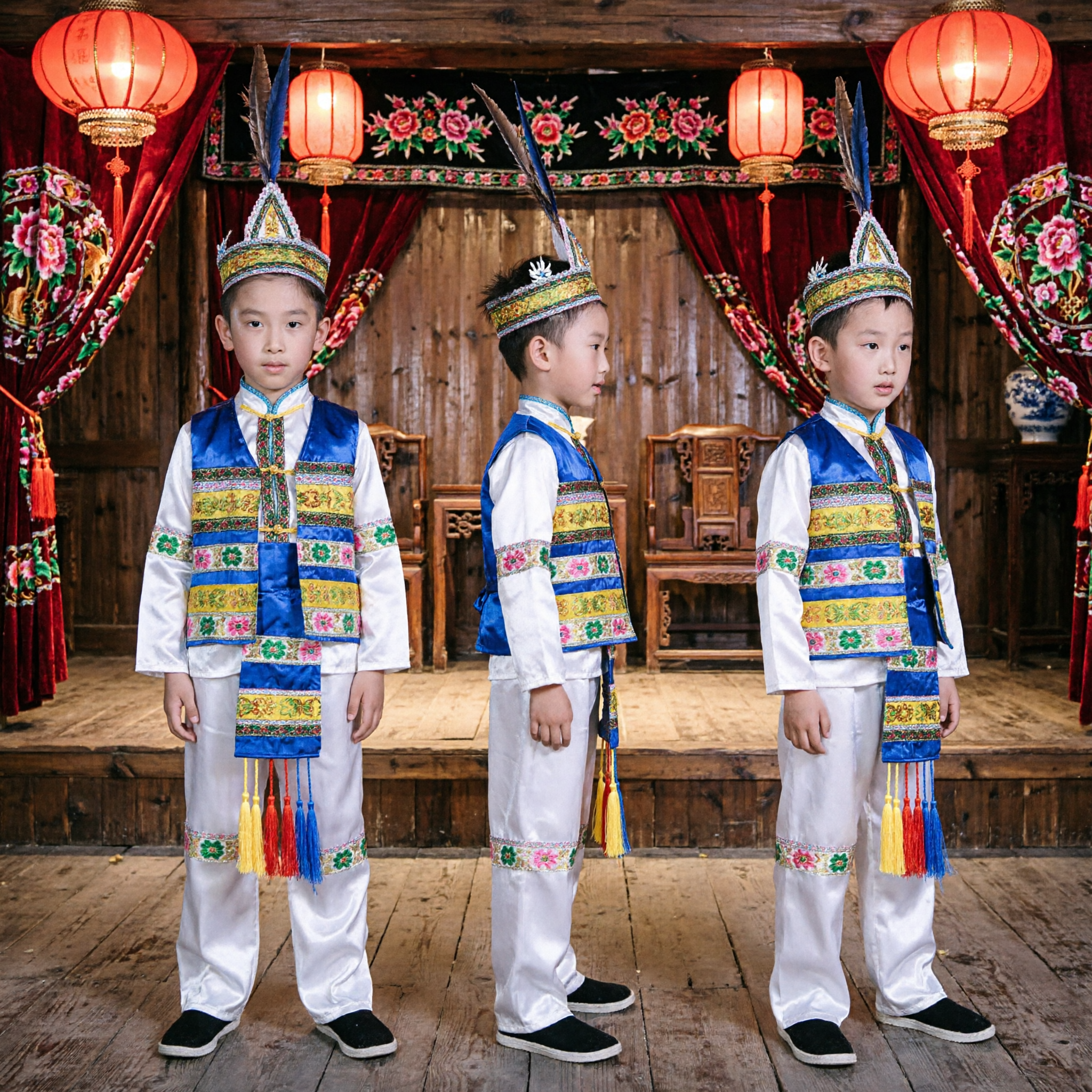 Chinese Traditional Ethnic Minority Boy Costume Blue Embroidered Vest Folk Dance Stage Performance Outfit - Asian Costume