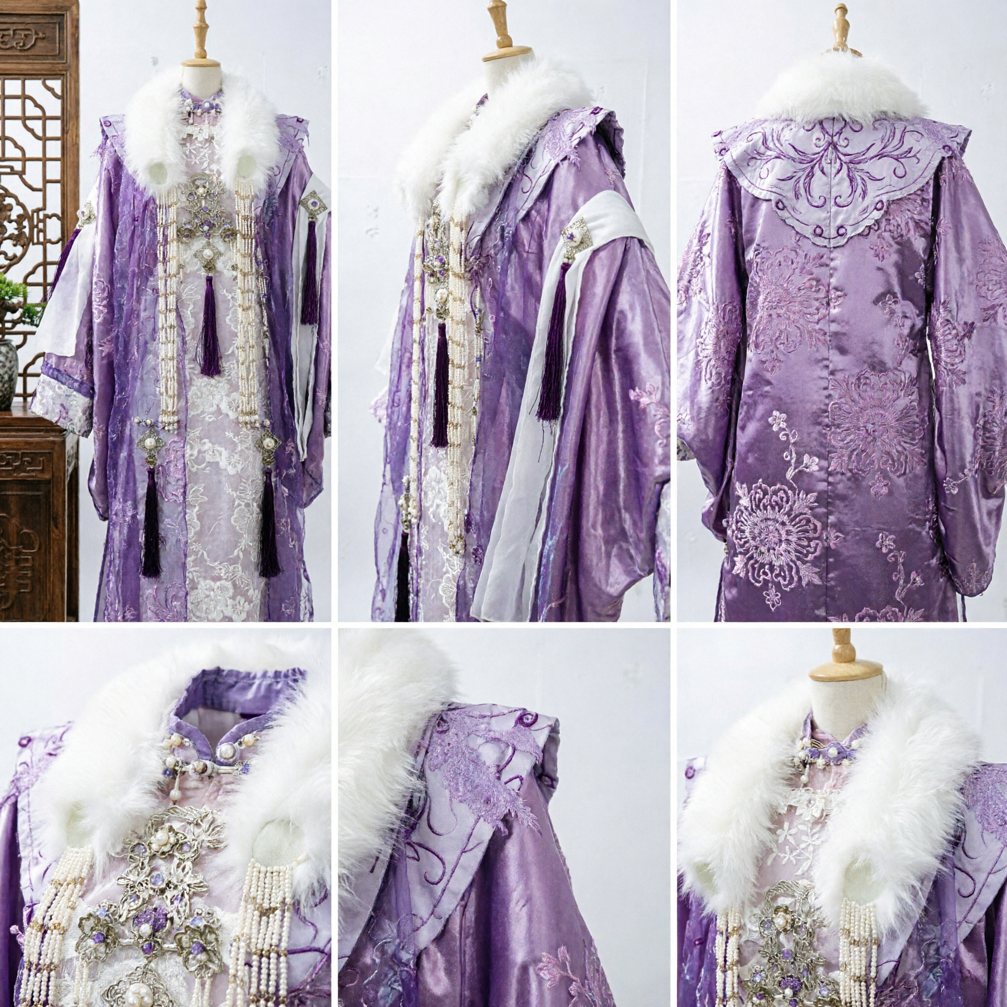 Elegant Purple Traditional Chinese Hanfu Winter Costume with White Fur Collar and Embroidery for Ancient Princess Cosplay - Asian Costume