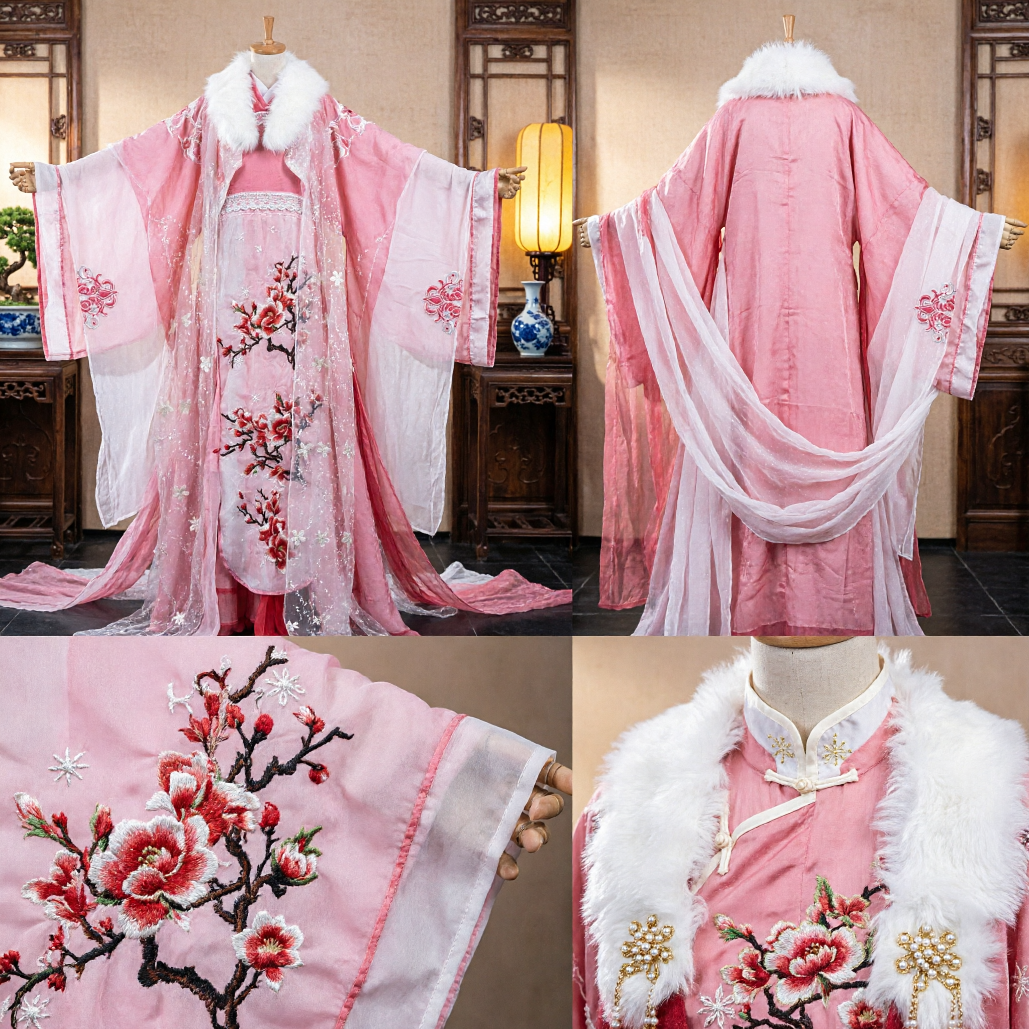 Elegant Pink Hanfu Traditional Chinese Costume with White Fur Collar and Plum Blossom Embroidery for Women - Asian Costume