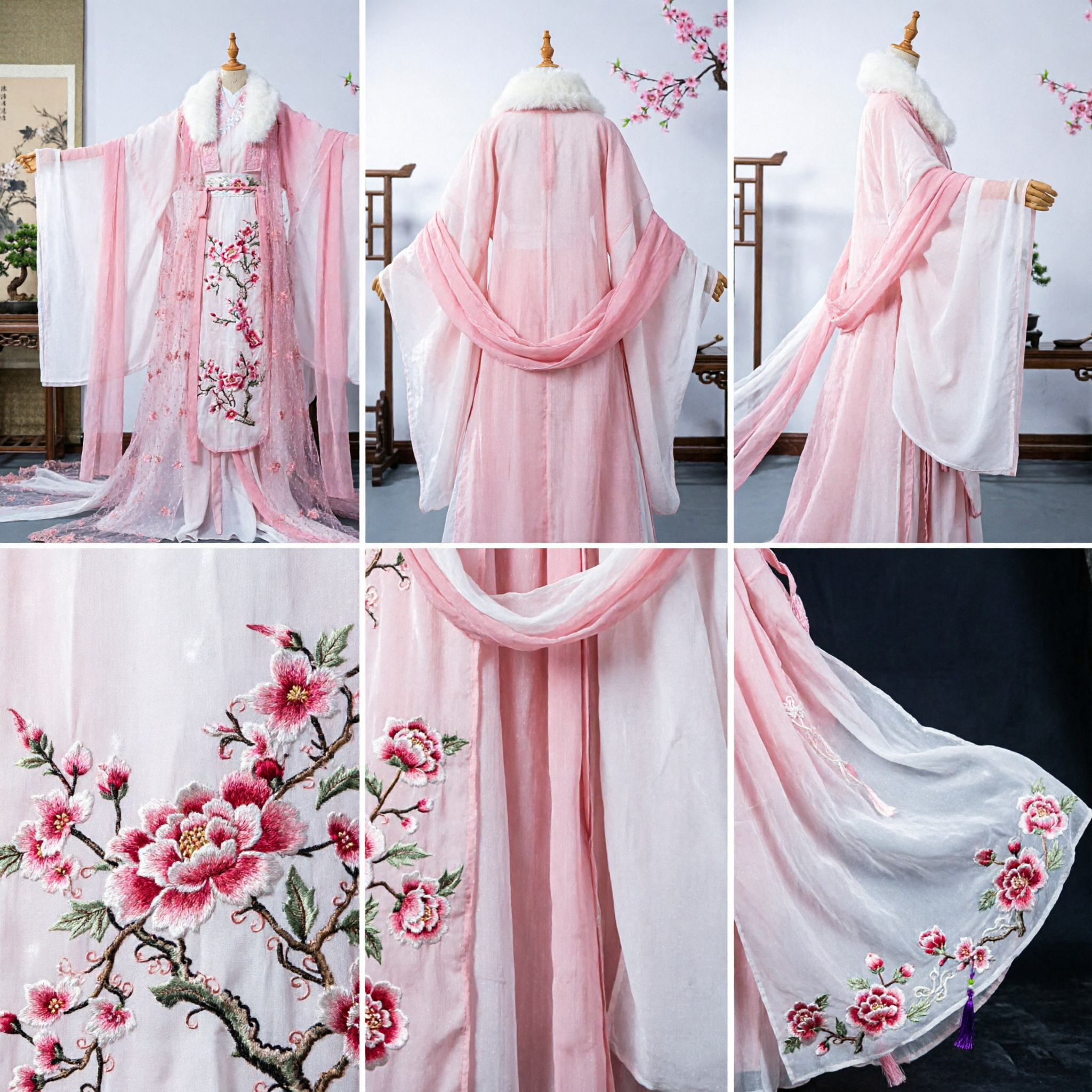 Elegant Pink Floral Embroidered Hanfu Ancient Chinese Princess Dress with White Fur Collar for Women - Asian Costume