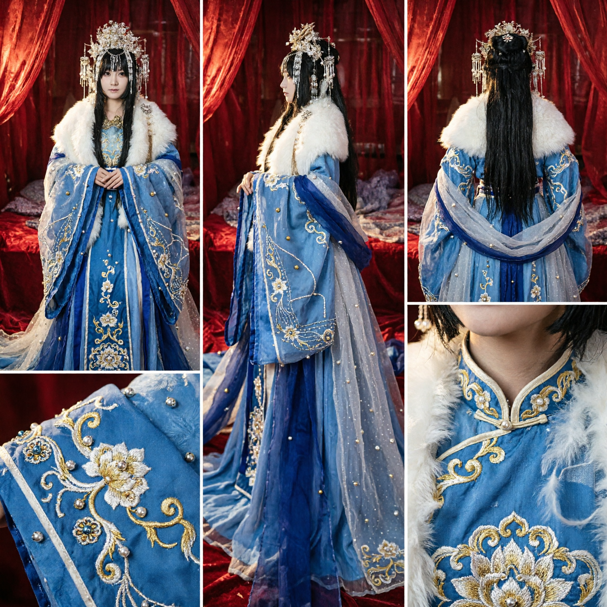 Ancient Chinese Princess Hanfu Costume Blue and White Dress with Fur Collar for Women Cosplay Performance - Asian Costume