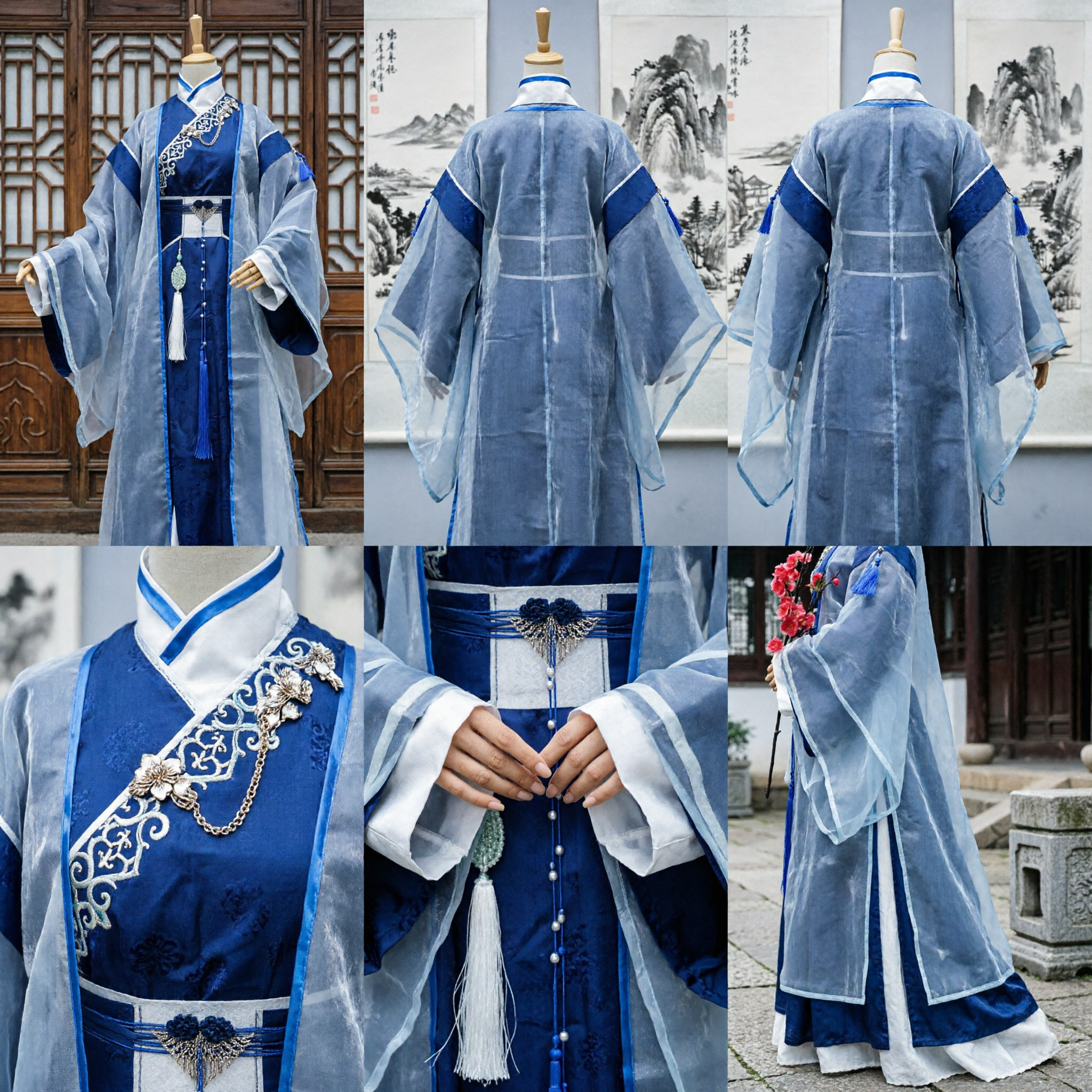 Men's Traditional Chinese Hanfu Costume Blue Embroidered Scholar Robe Wuxia Swordsman Outfit for Cosplay - Asian Costume