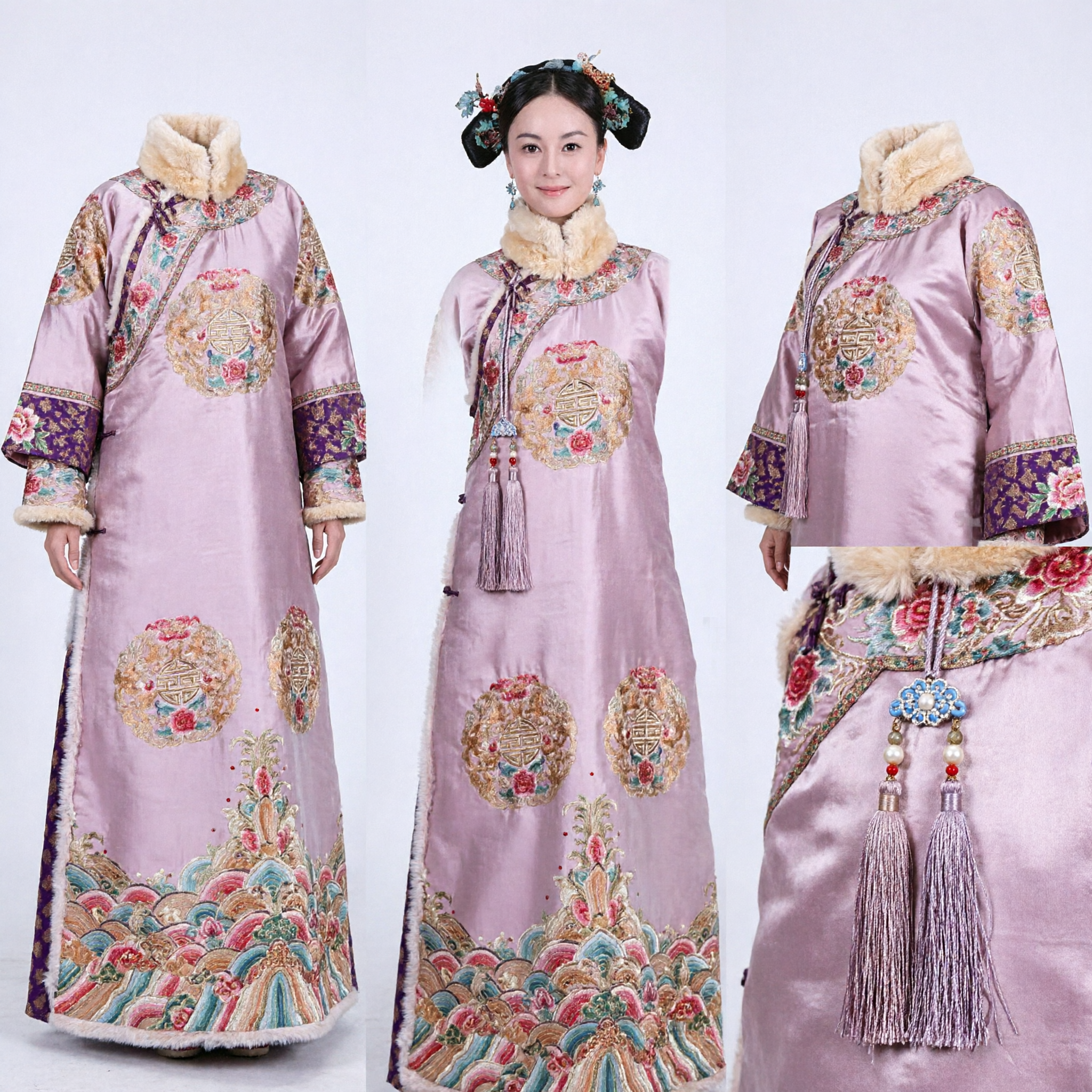 Chinese Qing Dynasty Manchu Princess Costume Light Purple Embroidered Robe with Fur Collar for Women - Asian Costume