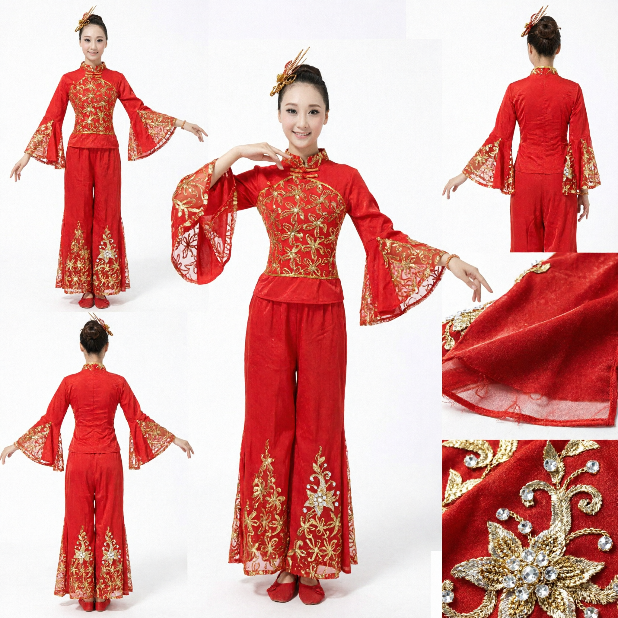 Women's Red Chinese Folk Dance Costume Traditional Yangge Fan Dress Stage Performance Outfit with Gold Embroidery - Asian Costume