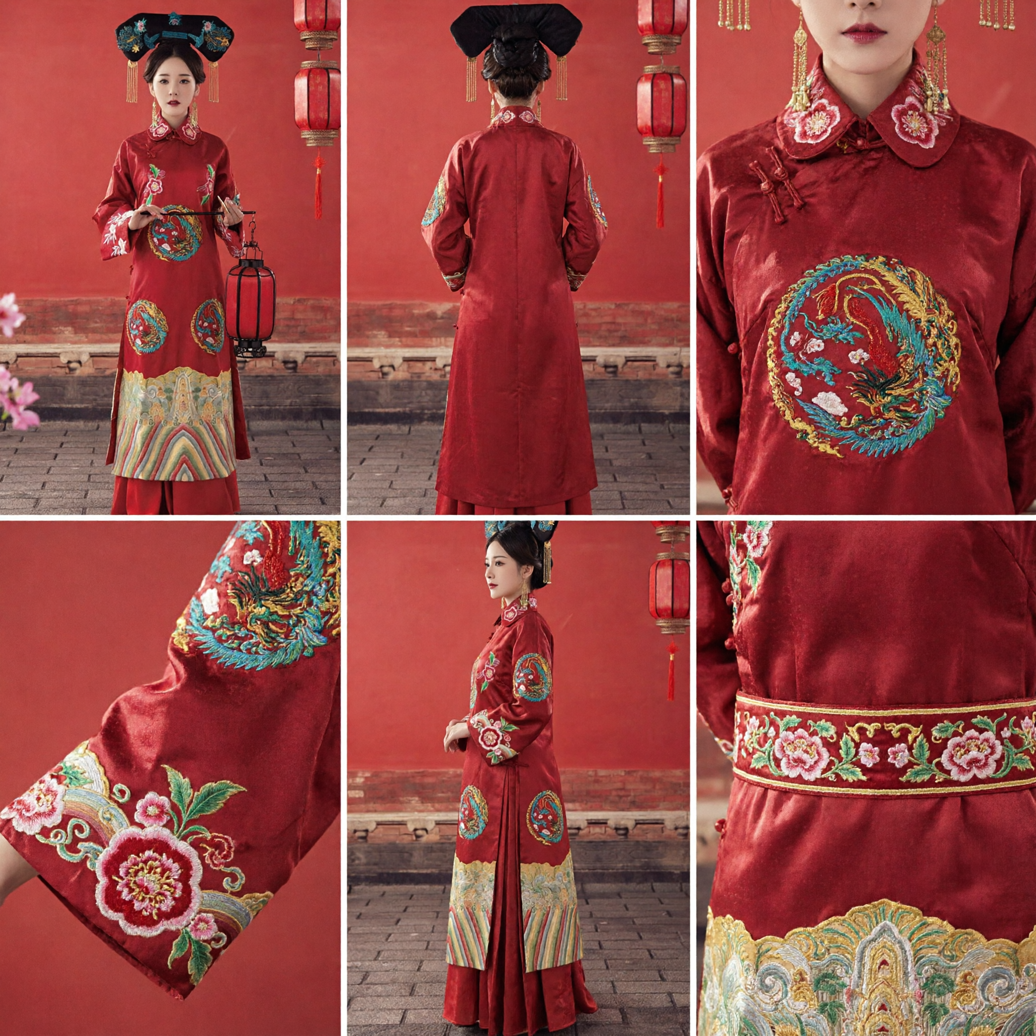Traditional Chinese Red Embroidered Robe Qing Dynasty Manchu Princess Ancient Costume with Headdress for Photography - Asian Costume