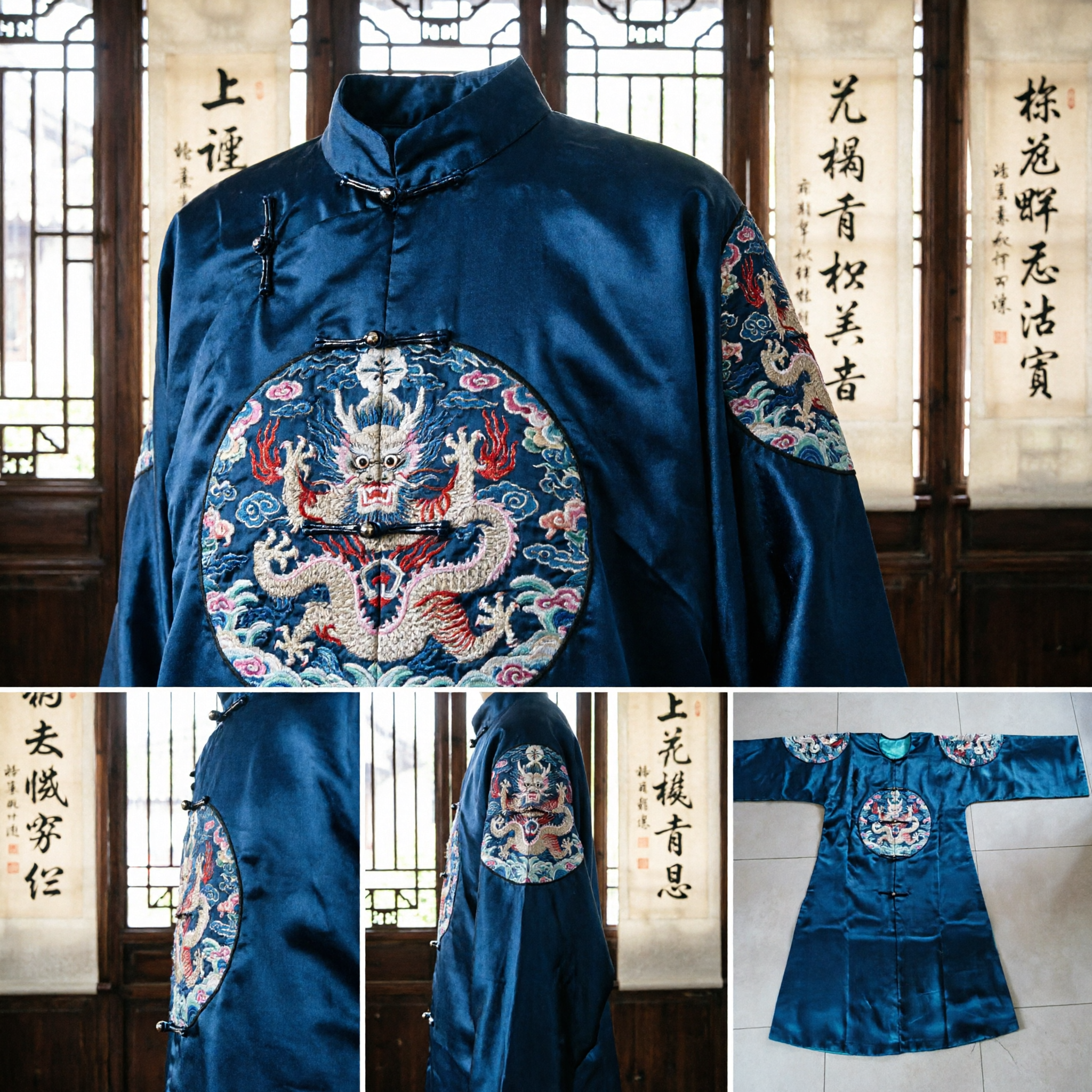 Traditional Chinese Blue Silk Robe Ancient Qing Dynasty Official Dragon Embroidery Changshan Costume for Men - Asian Costume