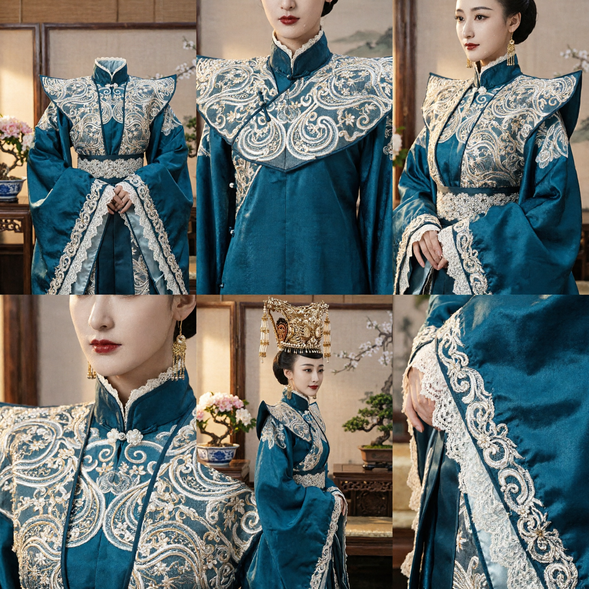 Ancient Chinese Empress Imperial Robe Teal Blue Hanfu Dress with Golden Headdress for Women Cosplay Performance - Asian Costume