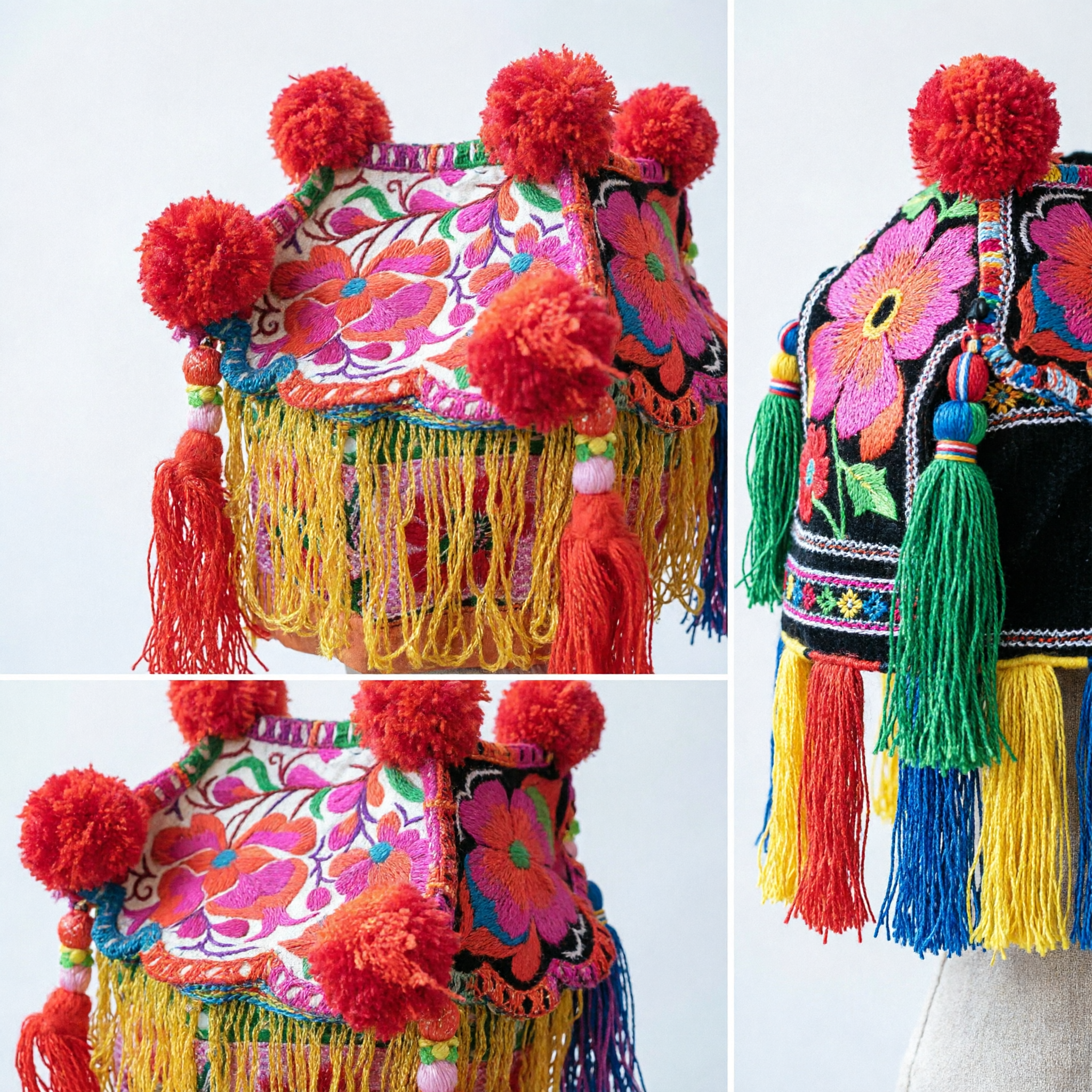 Traditional Chinese Embroidered Floral Baby Hat with Red Pom Poms and Tassels for Lunar New Year Costume - Asian Costume