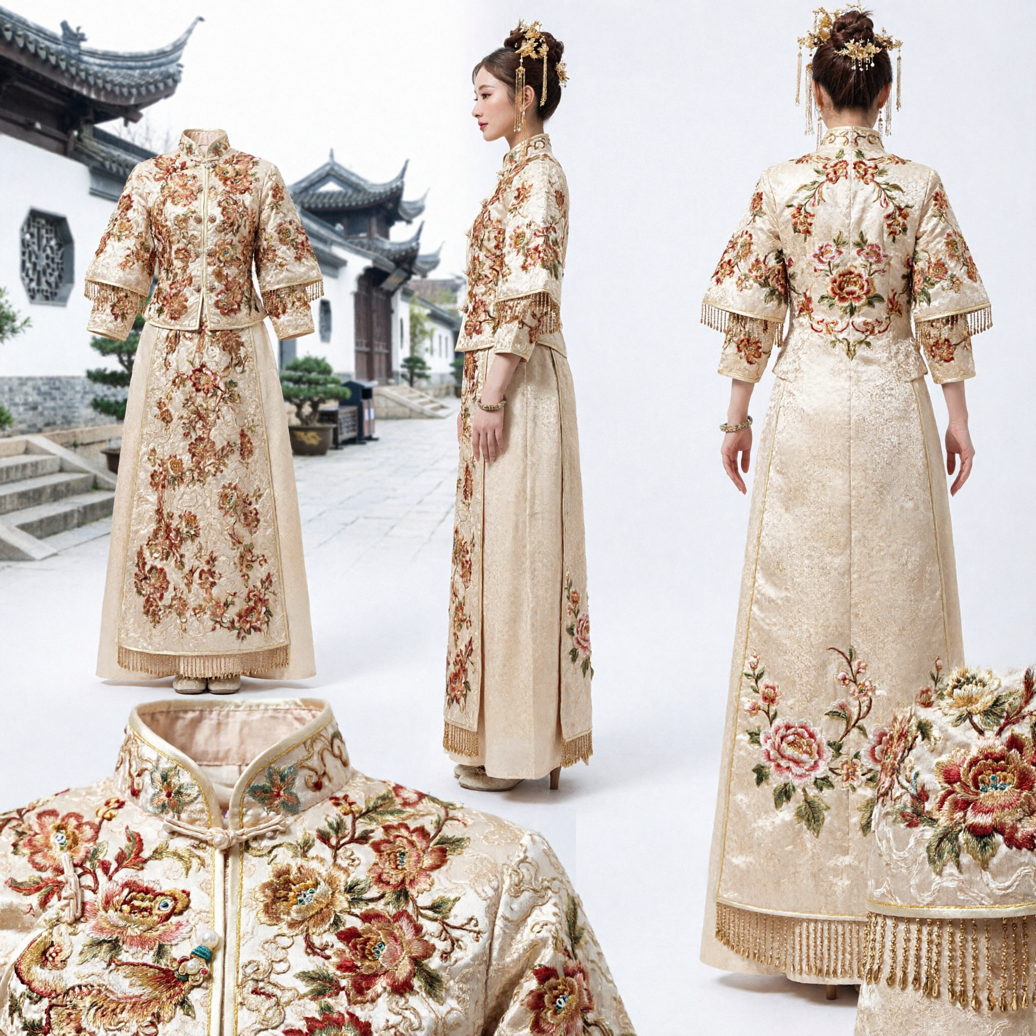 Elegant Gold Embroidered Xiuhe Suit Traditional Chinese Wedding Dress Ancient Style Qun Kwa for Brides - Asian Costume
