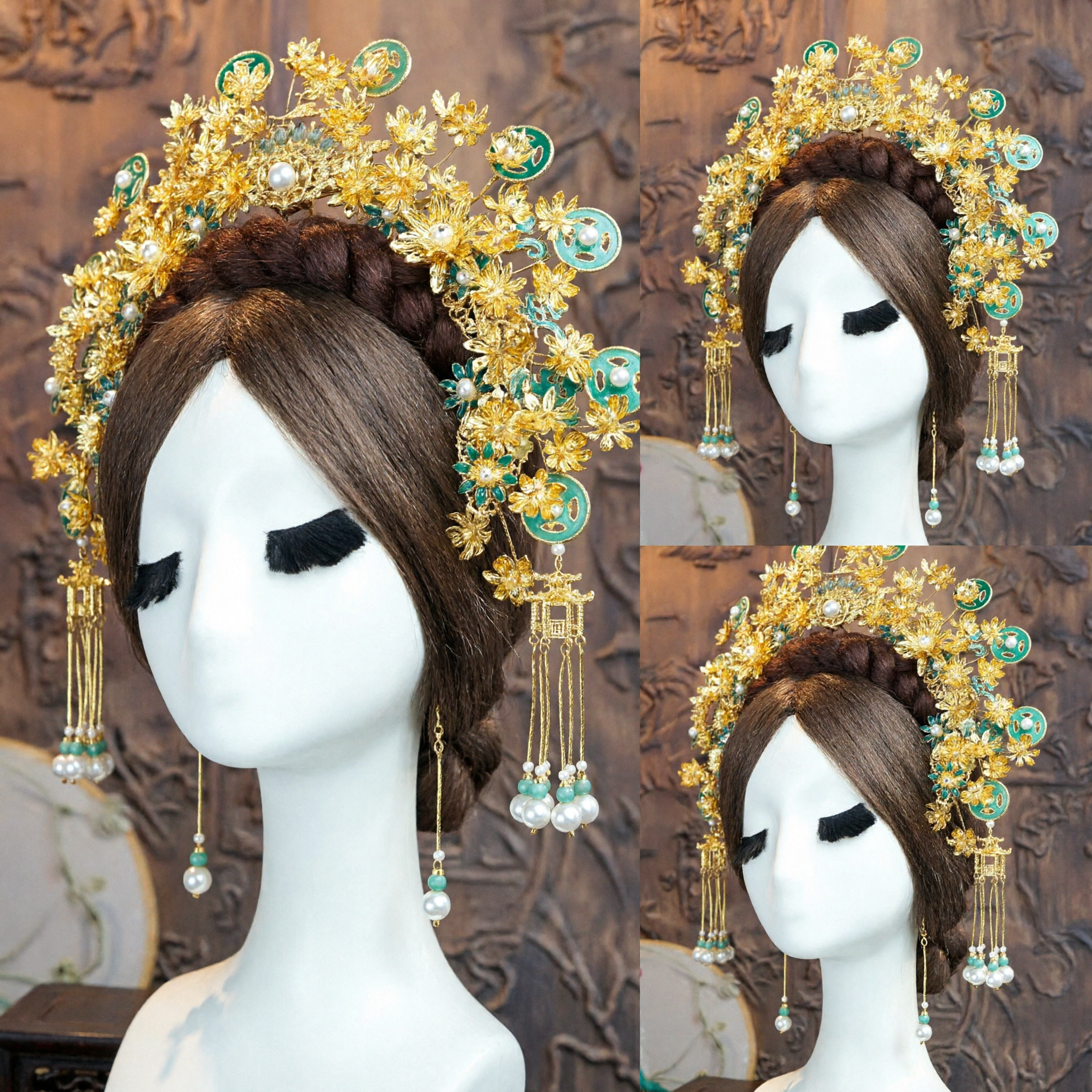 Traditional Chinese Gold Floral Headdress Crown with Pearls for Ancient Hanfu Wedding Bride Hair Accessories - Asian Costume