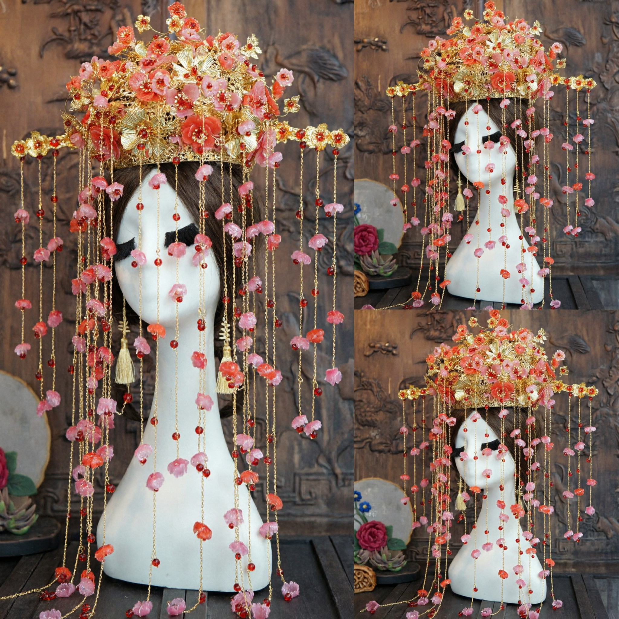 Chinese Traditional Wedding Hair Accessories Ancient Bride Phoenix Crown Gold Red Floral Headpiece for Hanfu Costume - Asian Costume