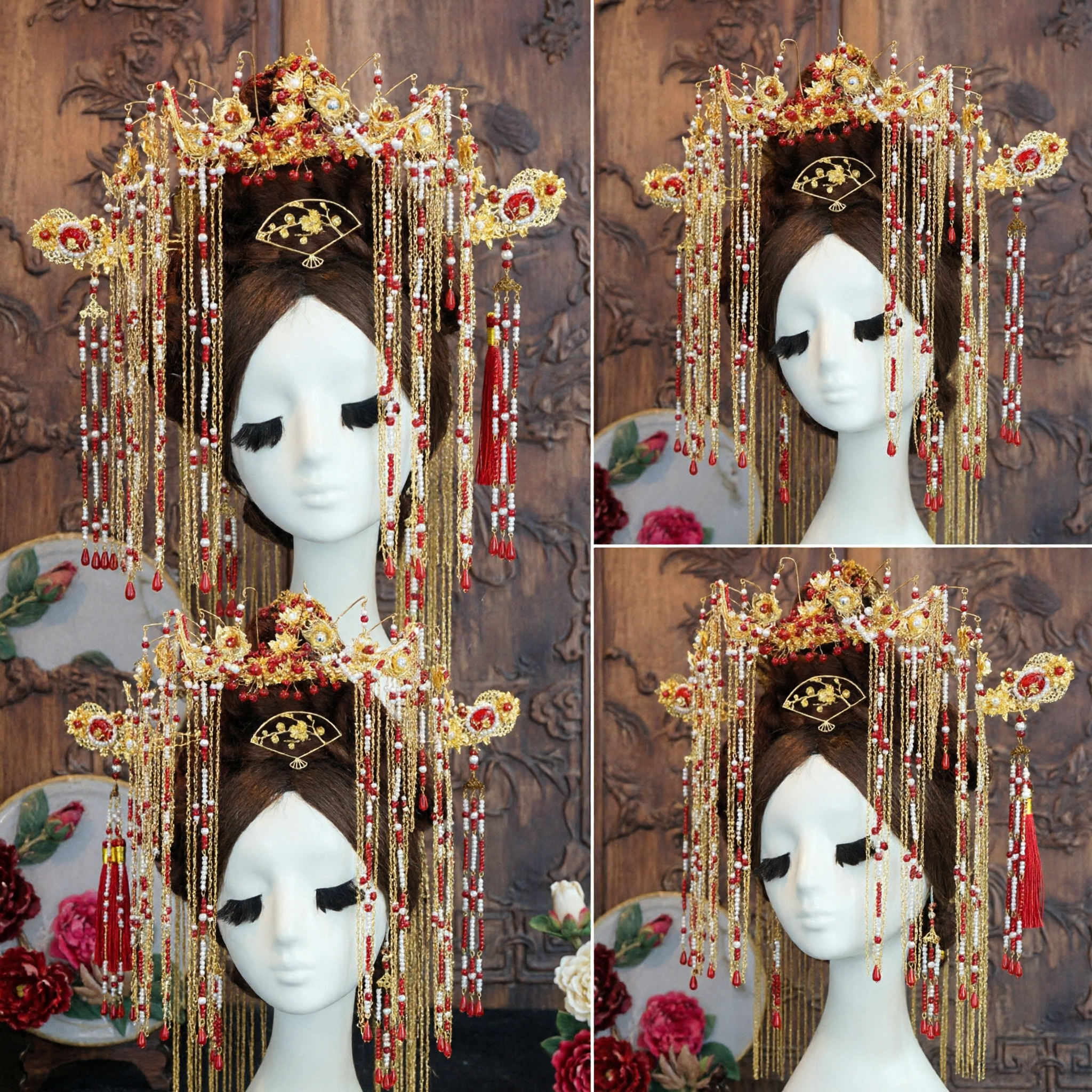 Exquisite Chinese Ancient Wedding Phoenix Crown Headpiece with Gold Red Pearl Tassels for Hanfu Brides - Asian Costume