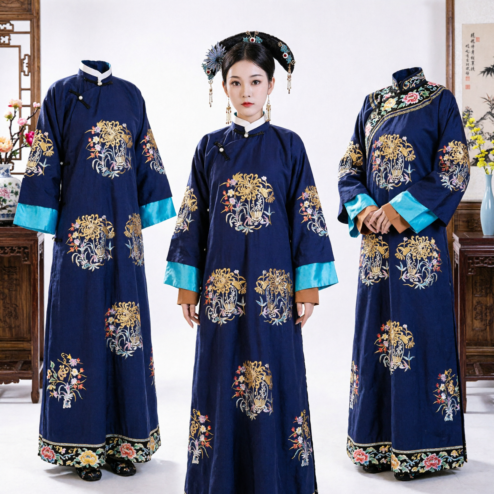 Ancient Chinese Qing Dynasty Manchu Princess Costume Blue Embroidered Robe Traditional Hanfu for Women - Asian Costume
