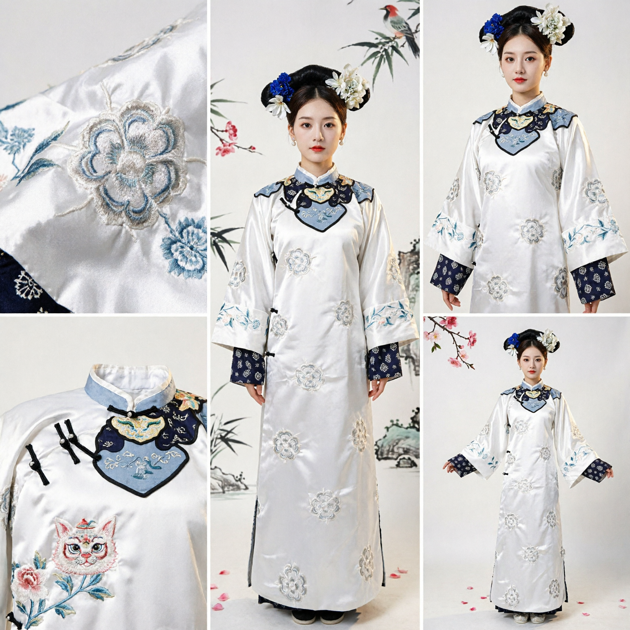 Traditional Chinese Qing Dynasty Manchu Costume White Embroidered Palace Lady Dress for Women Cosplay Performance - Asian Costume