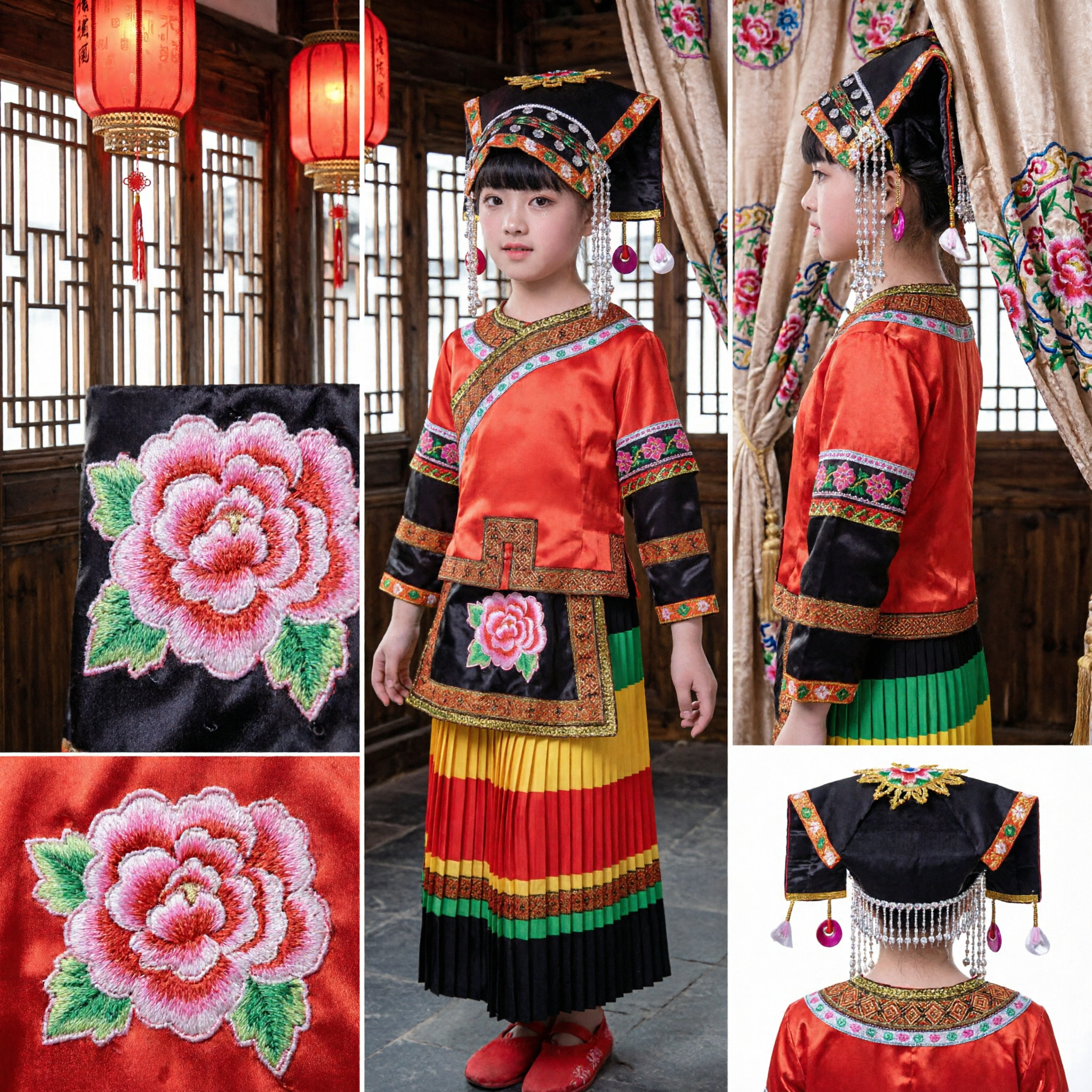 Kids Chinese Miao Minority Traditional Costume Red Embroidered Folk Dance Performance Dress for Girls Stage Show - Asian Costume