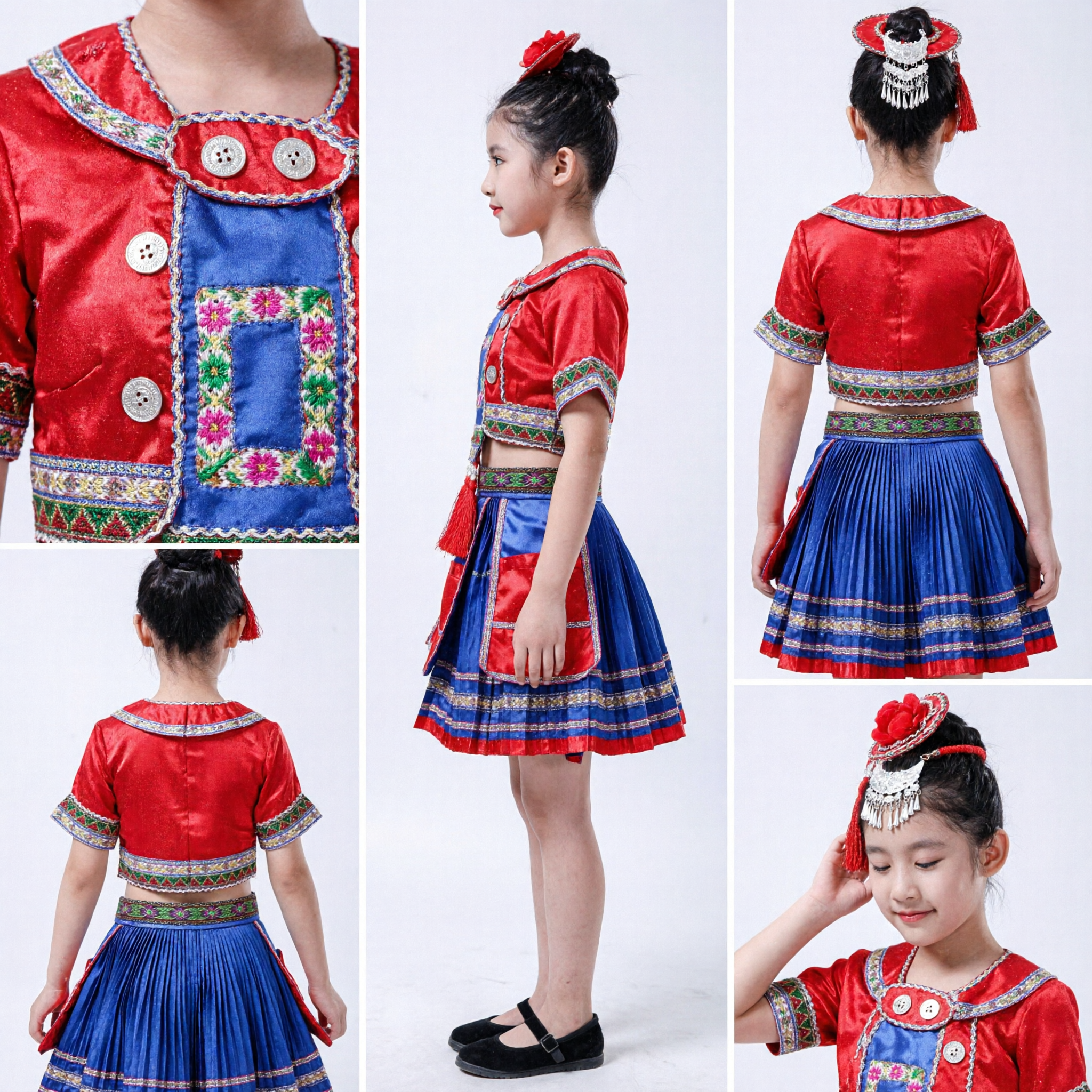 Chinese Traditional Folk Dance Costume Kids Girls Red Blue Ethnic Miao Minority Stage Performance Dress - Asian Costume