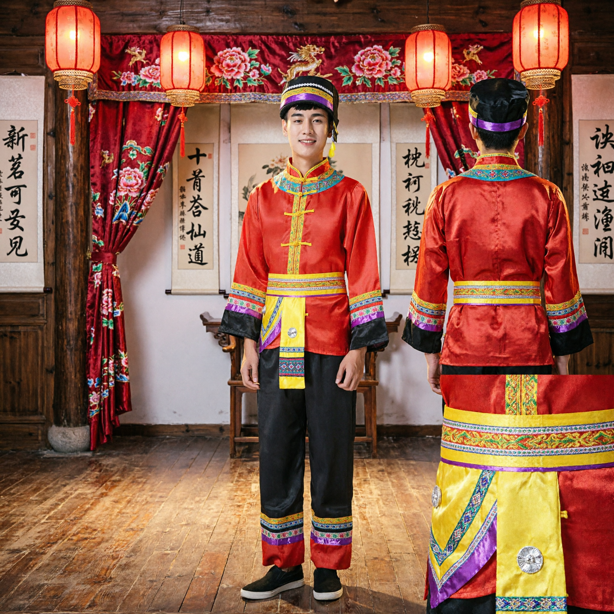 Traditional Chinese Ethnic Minority Folk Dance Costume Men Red Embroidered Tunic and Pants for Stage Performance - Asian Costume
