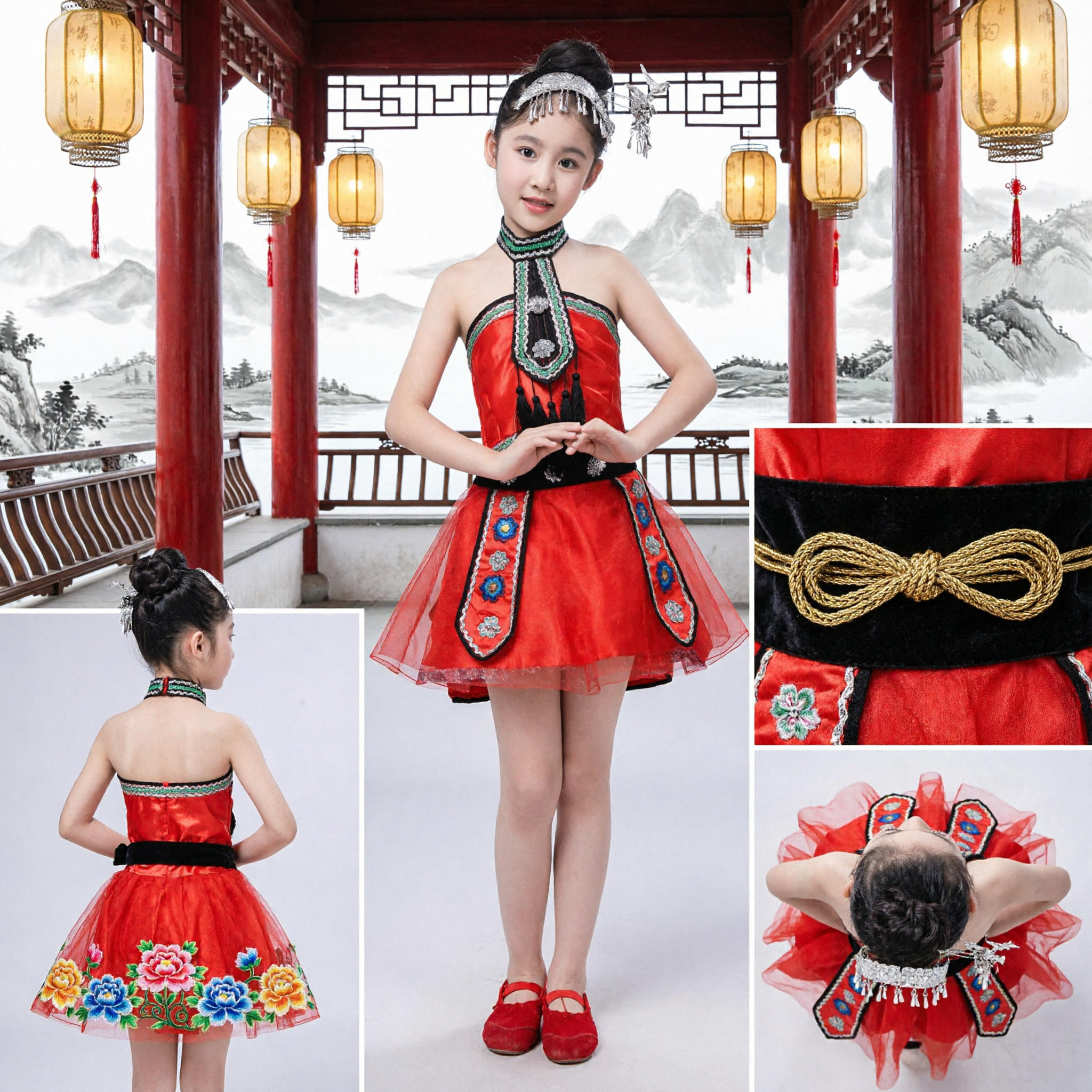 Girls Chinese Miao Ethnic Folk Dance Costume Red Embroidered Stage Performance Dress with Silver Headpiece - Asian Costume