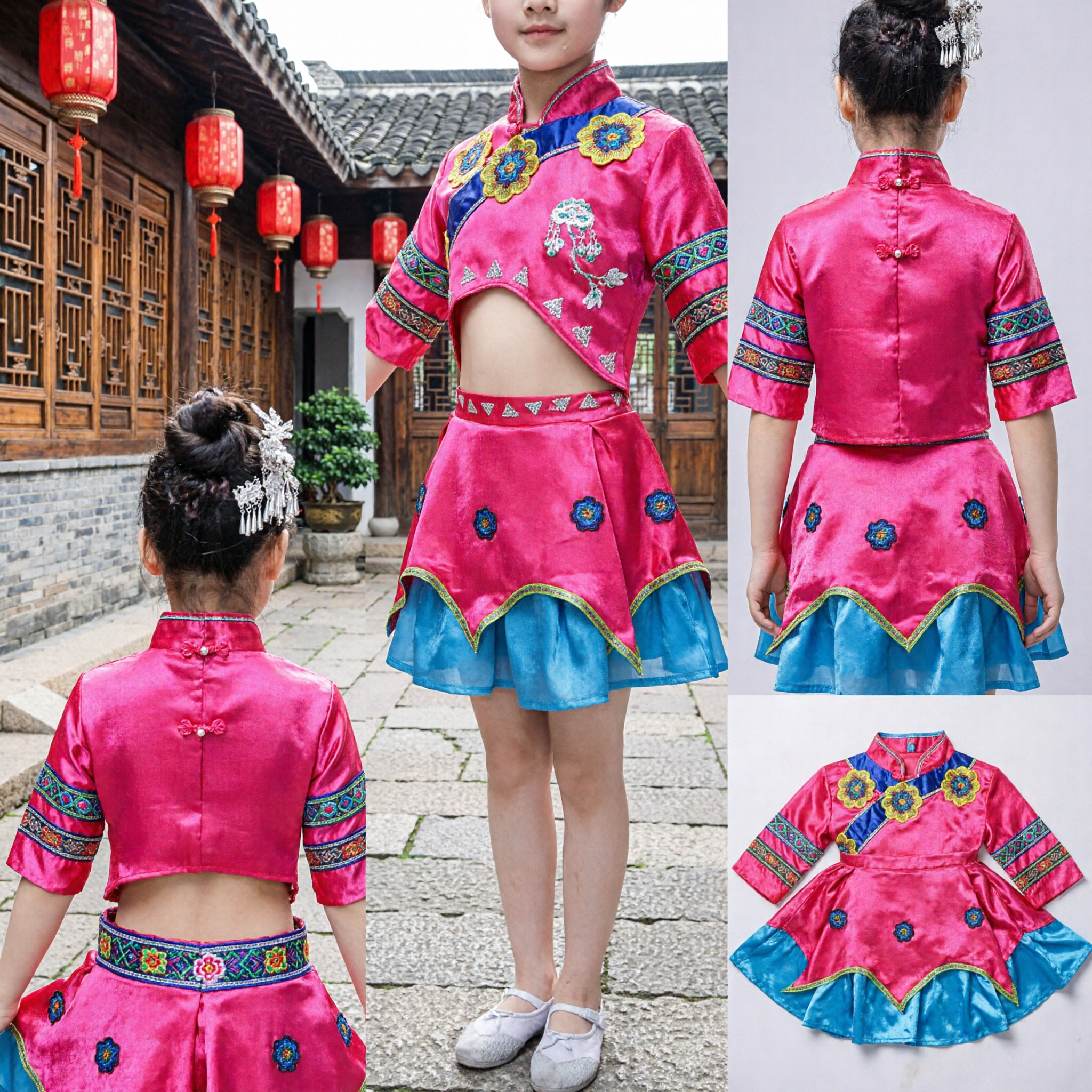 Traditional Chinese Miao Minority Folk Dance Costume Pink Embroidered Two-Piece Outfit for Kids Girls Performance - Asian Costume
