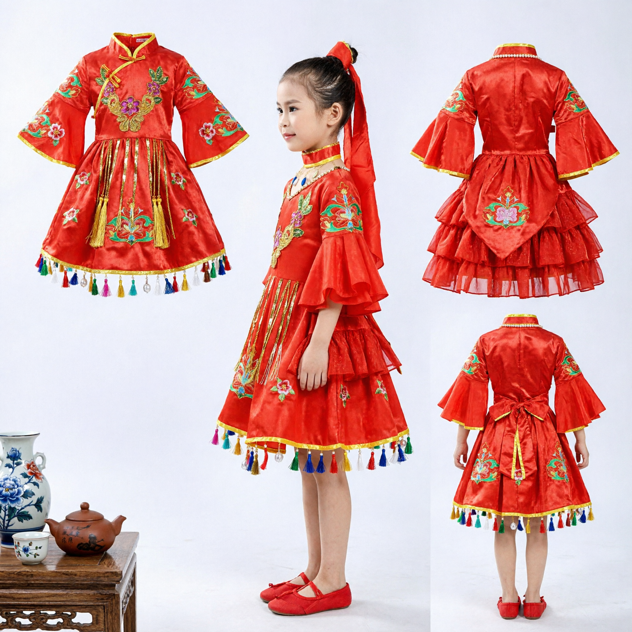 Traditional Chinese Yangge Dance Costume for Kids Girls Red Embroidered Folk Dress Stage Performance - Asian Costume