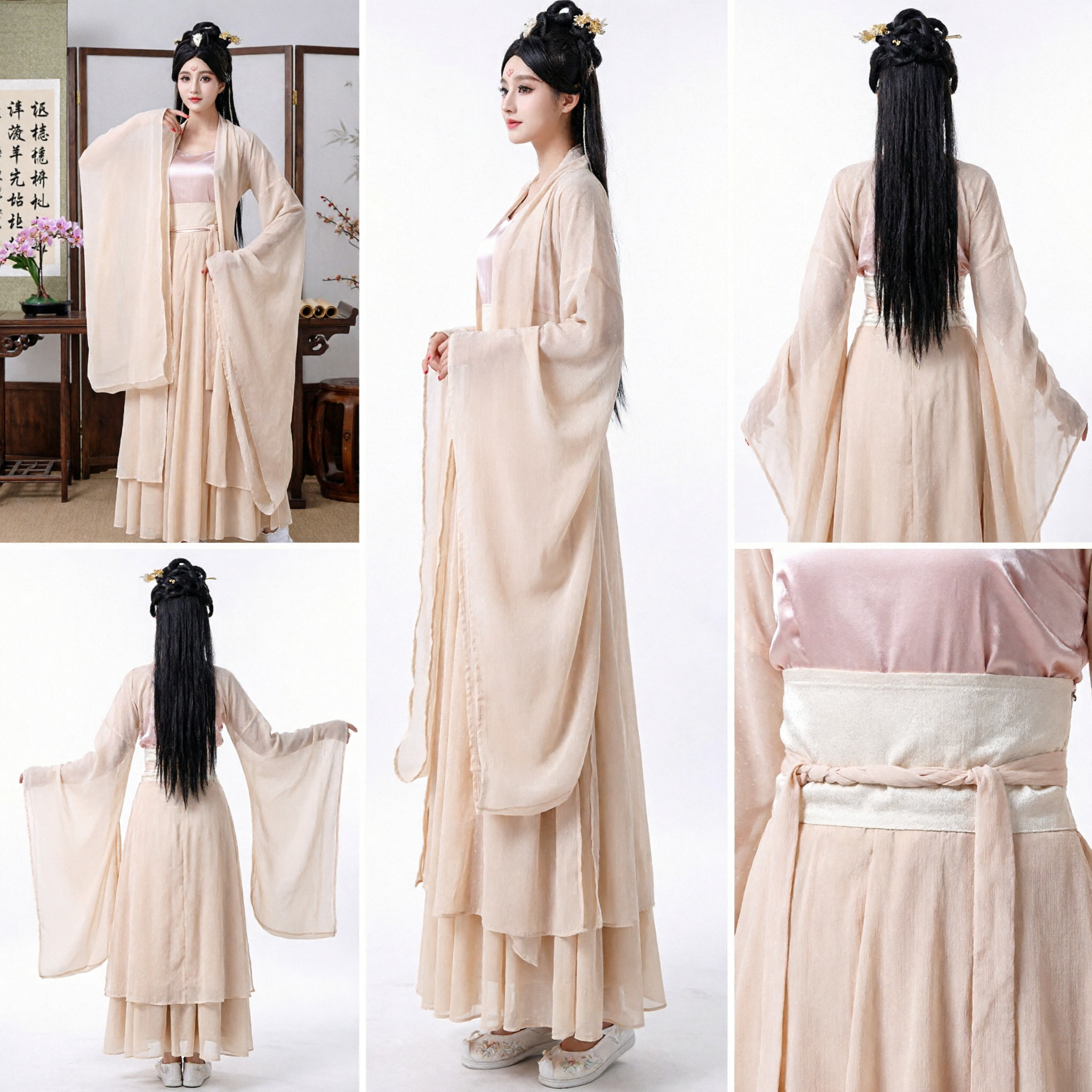 Ancient Chinese Hanfu Traditional Costume Beige Fairy Dress Wide Sleeve Outfit for Women Cosplay - Asian Costume