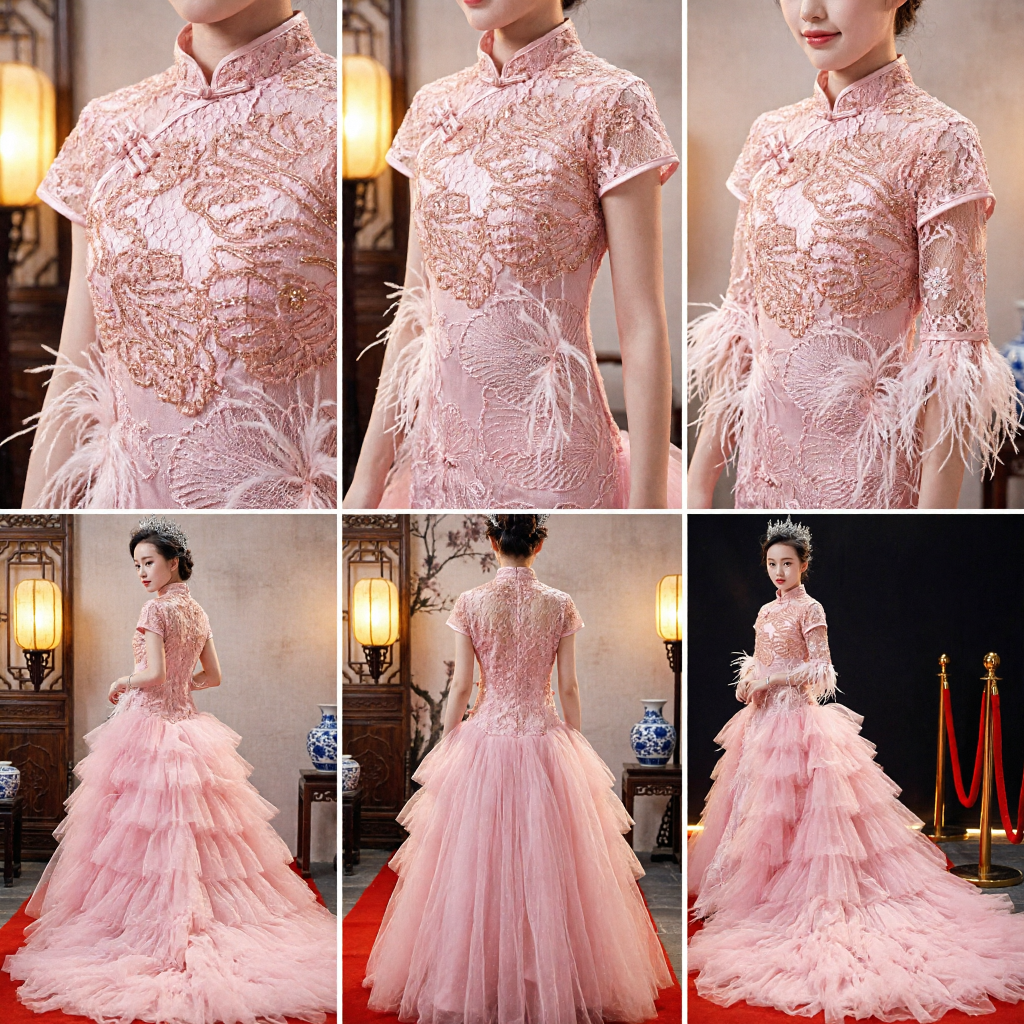 Elegant Pink Girls Qipao Evening Gown with Feather Details and Long Train for Stage Performance - Asian Costume