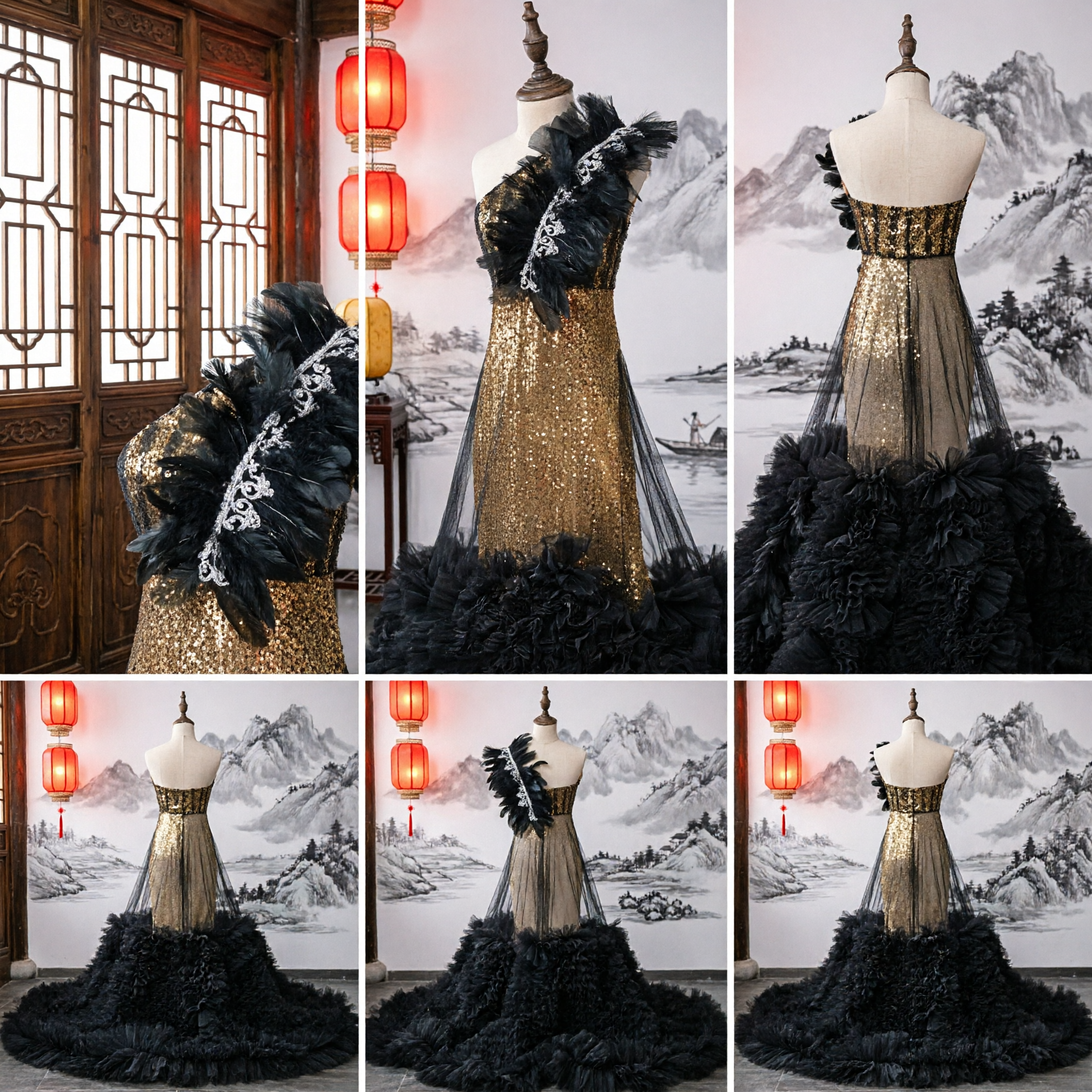 Luxury Gold Sequin One Shoulder Evening Gown with Black Feather Train for Stage Performance Hosting - Asian Costume