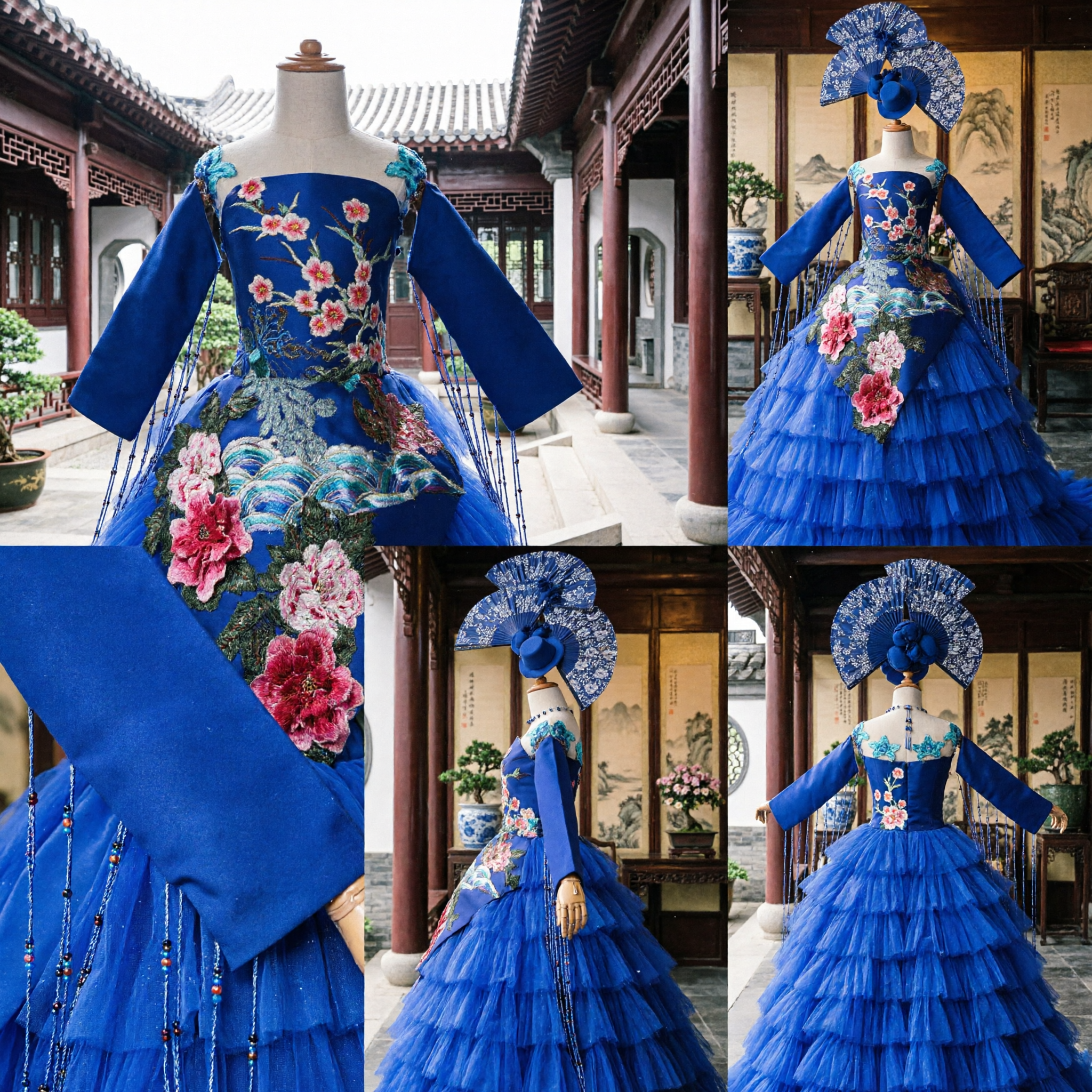 Royal Blue Chinese Traditional Embroidered Ballgown with Tulle Skirt and Fan Headpiece for Stage Performance - Asian Costume