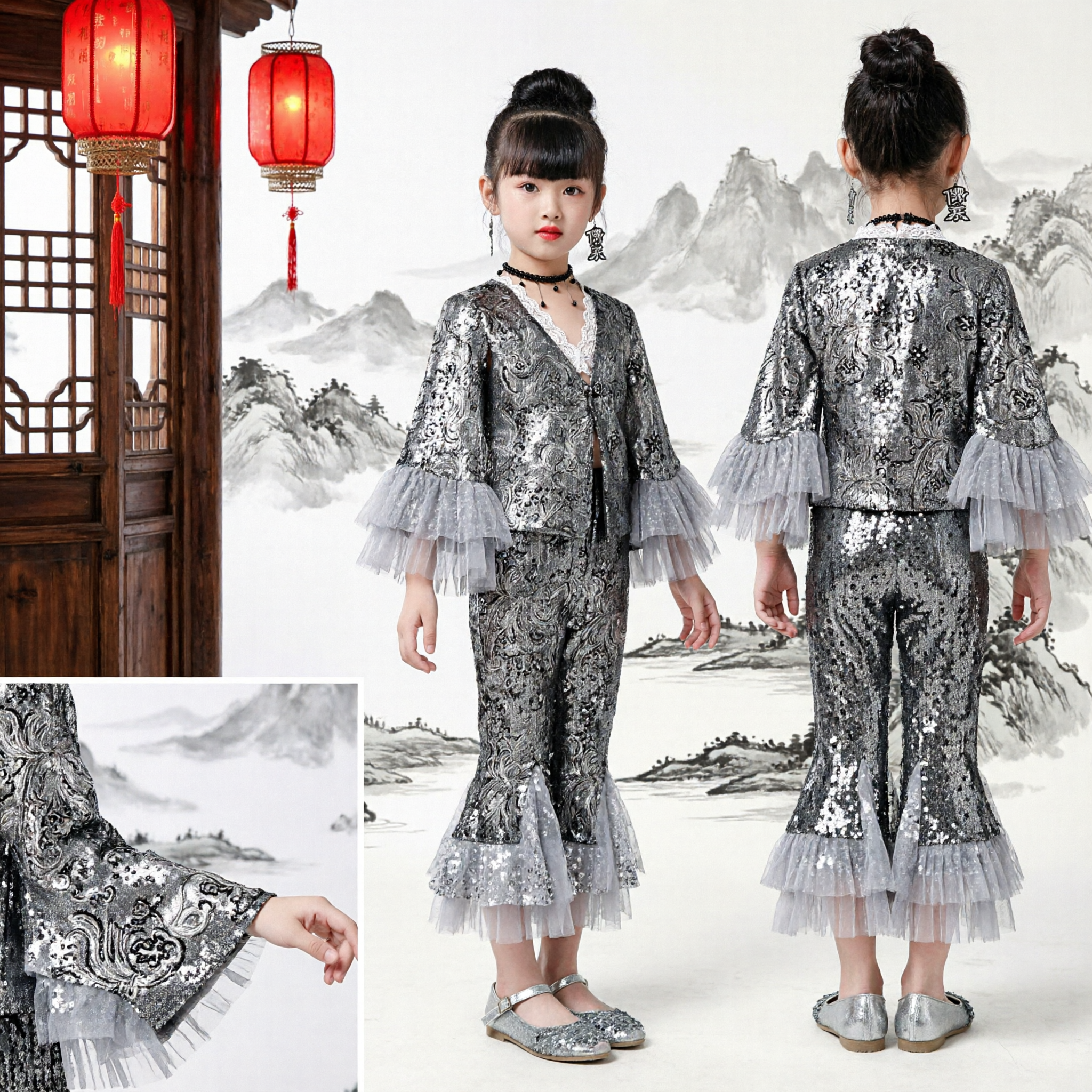 Kids Girls Silver Brocade Performance Costume Traditional Chinese Dance Stage Outfit with Flared Pants - Asian Costume