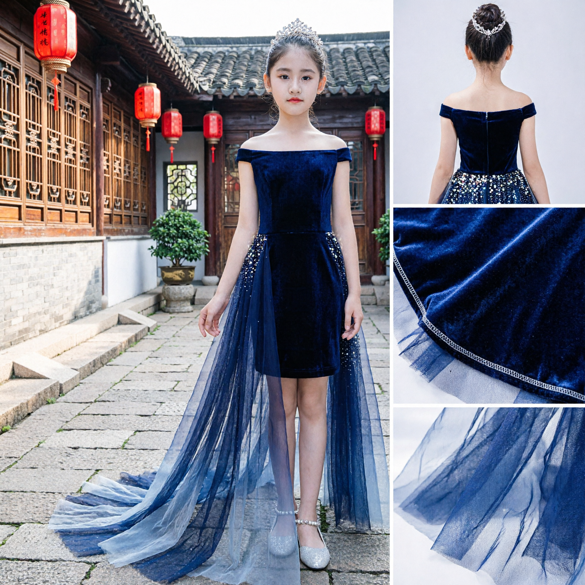 Elegant Dark Blue Sequined Off-Shoulder Dress for Girls Kids Host Performance Pageant Gown with Tulle Train - Asian Costume