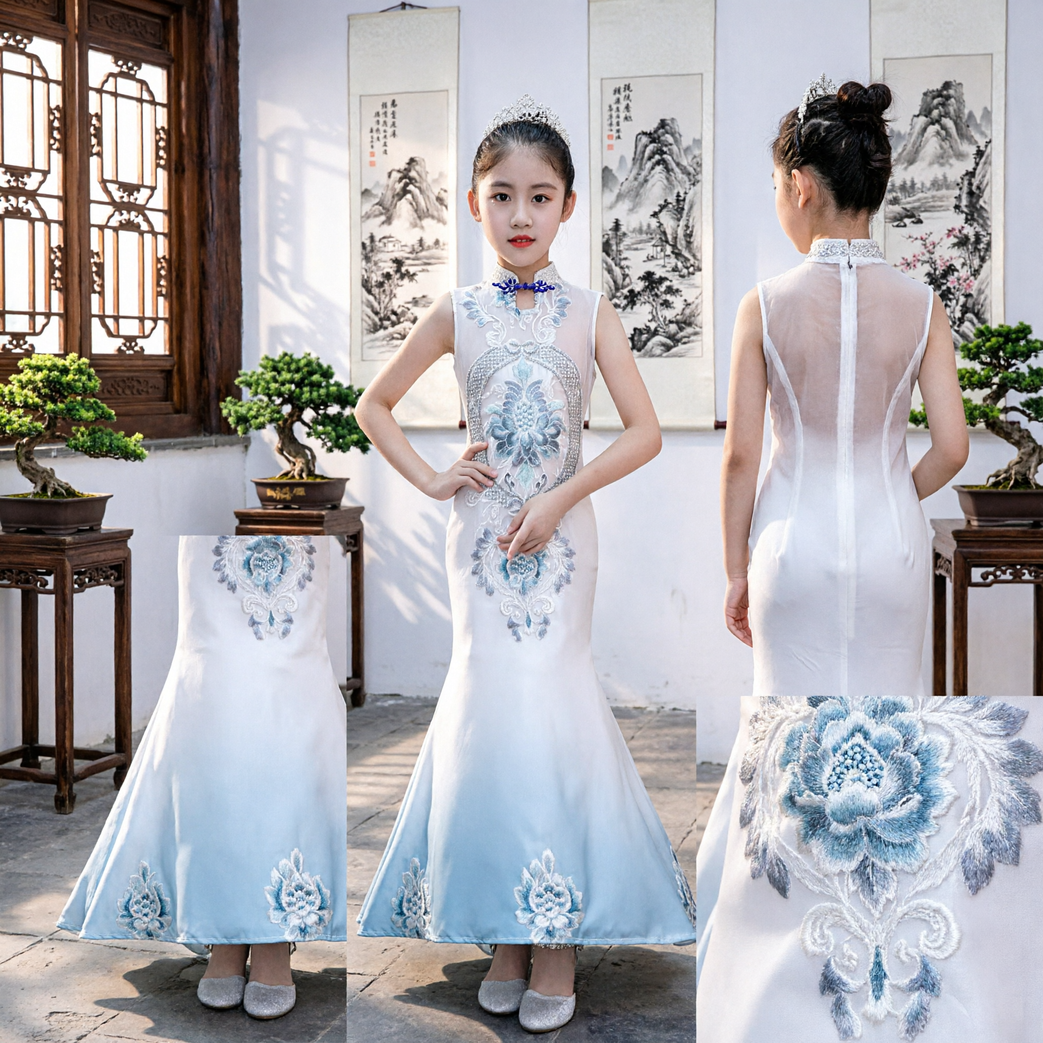 Elegant White Floral Embroidery Kids Cheongsam Traditional Chinese Mermaid Dress for Girls Wedding Party Performance - Asian Costume