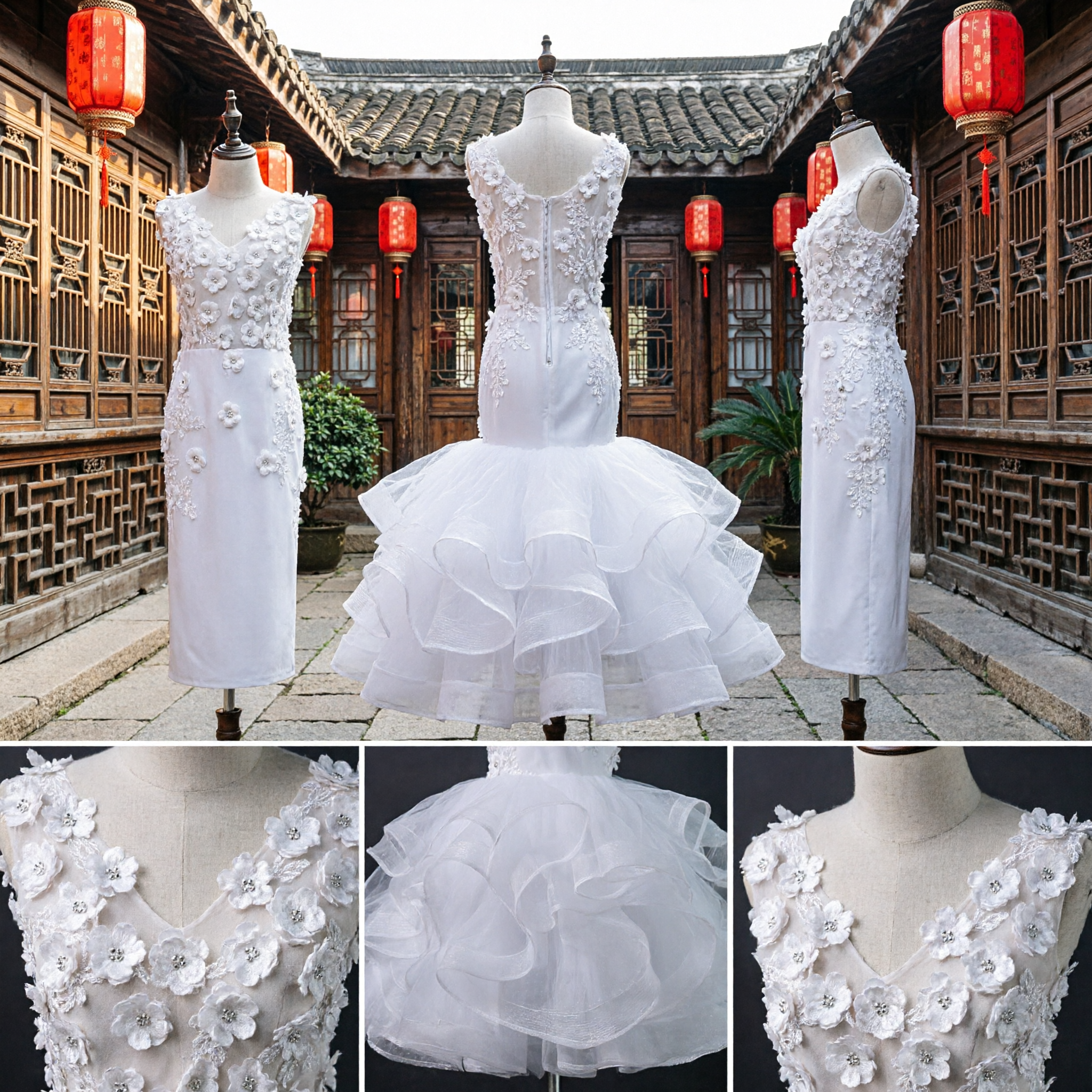 Elegant White Mermaid Flower Girl Dress with 3D Floral Appliques for First Communion and Pageant - Asian Costume